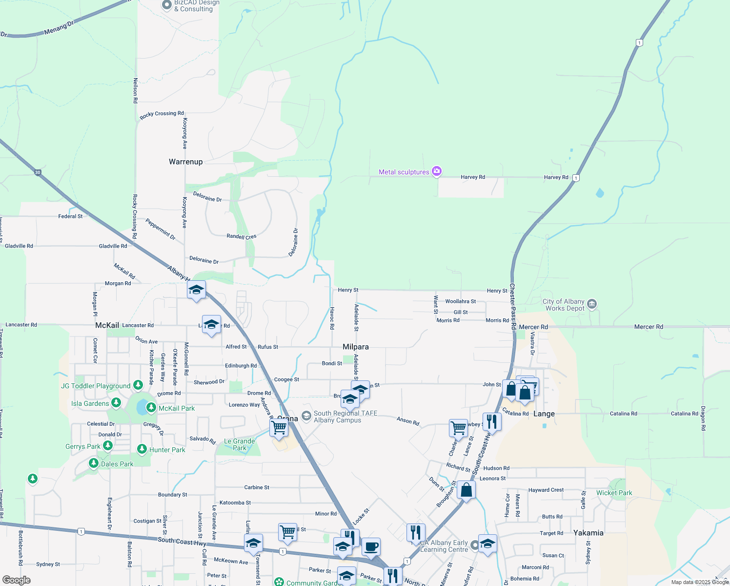 map of restaurants, bars, coffee shops, grocery stores, and more near 115 Henry Street in Milpara