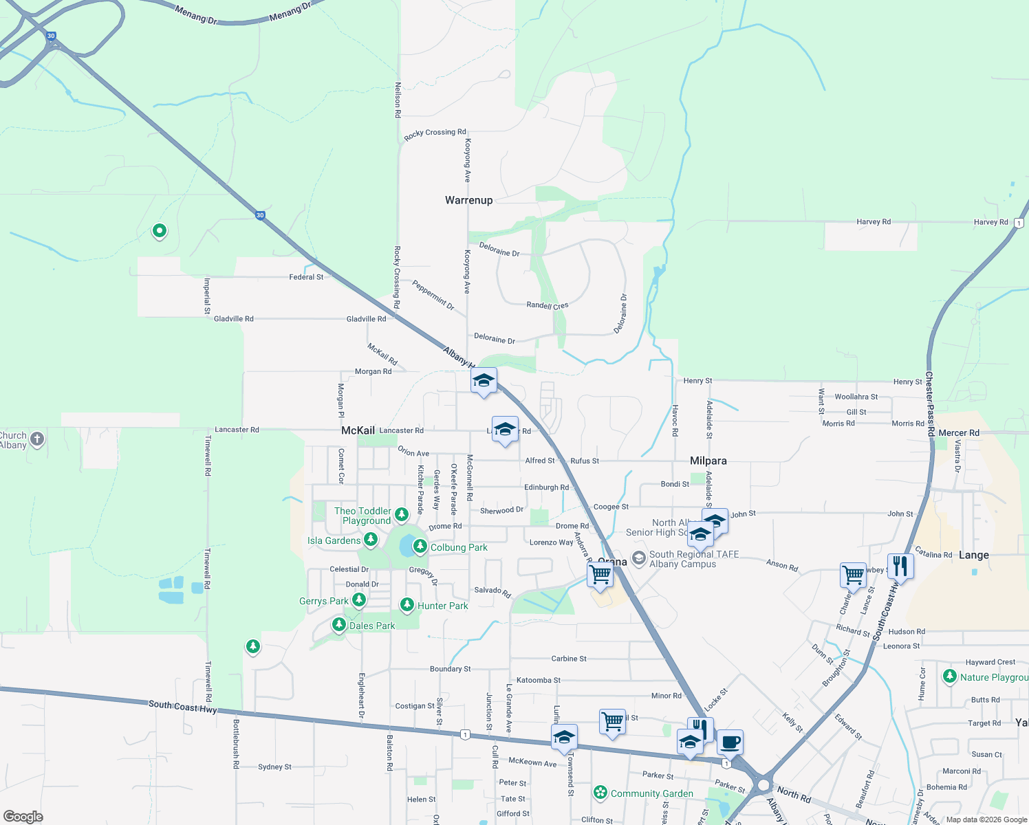 map of restaurants, bars, coffee shops, grocery stores, and more near 577 Albany Highway in McKail