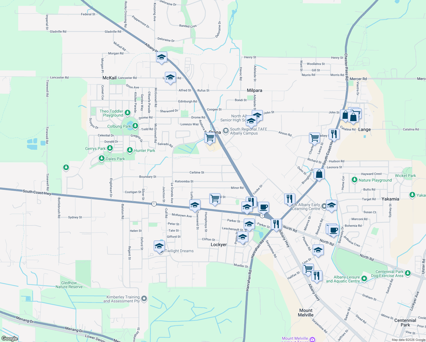 map of restaurants, bars, coffee shops, grocery stores, and more near 28 Carbine Street in Orana