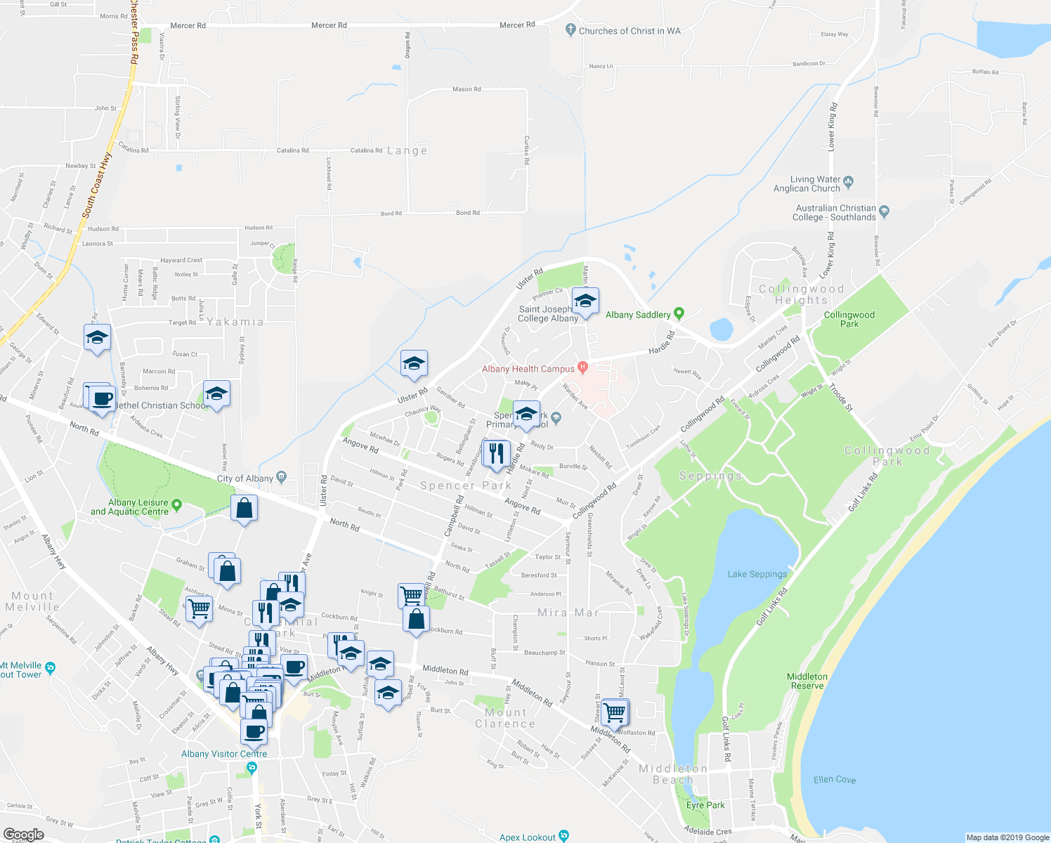 map of restaurants, bars, coffee shops, grocery stores, and more near 33 Hardie Road in Spencer Park