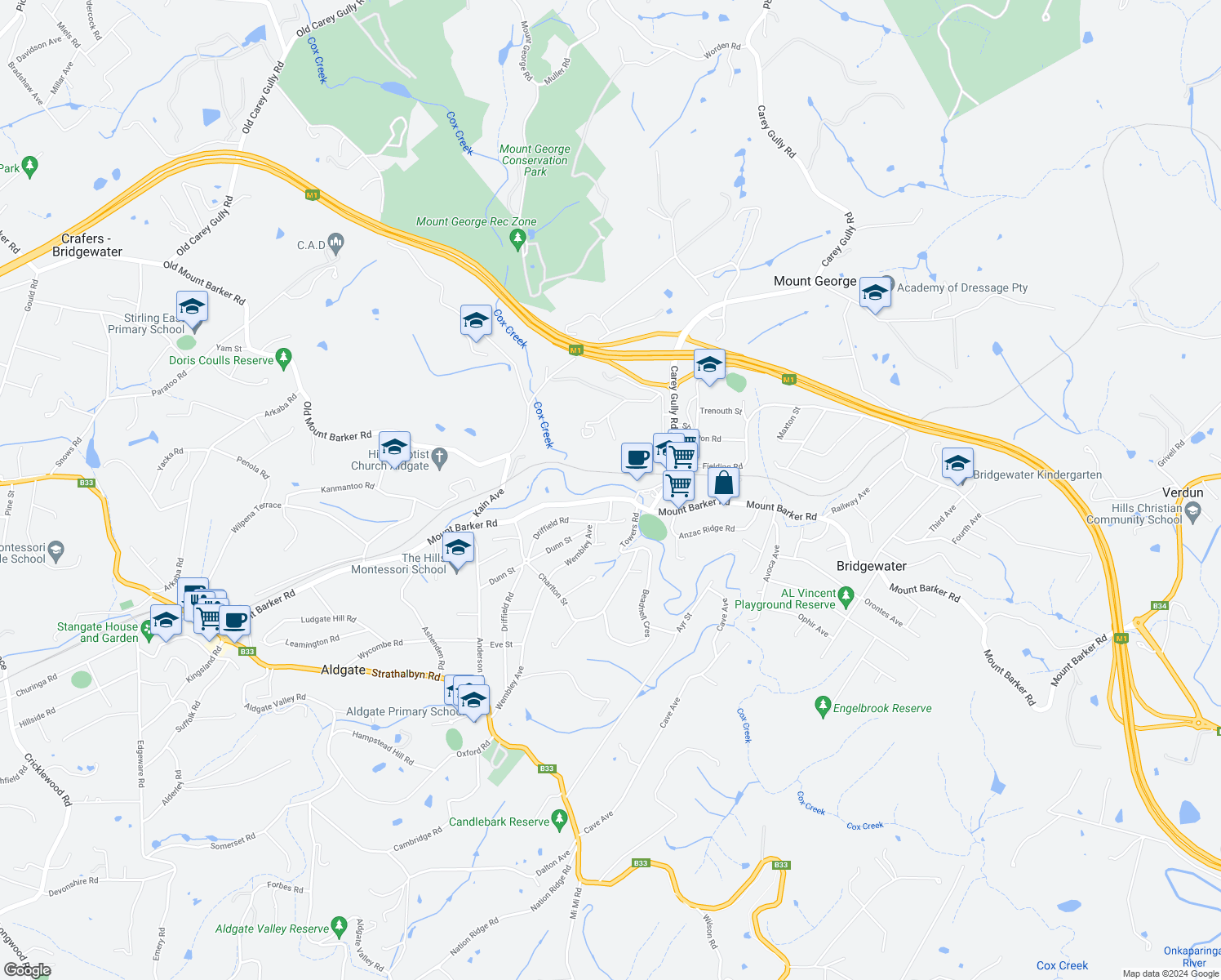 map of restaurants, bars, coffee shops, grocery stores, and more near 387 Mount Barker Road in Bridgewater