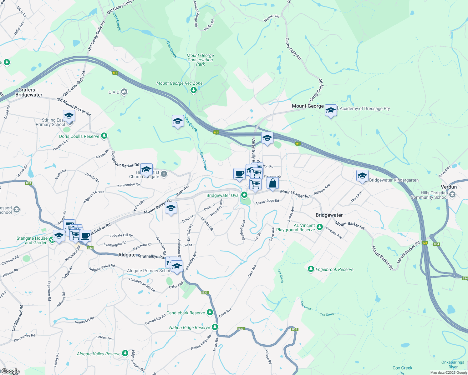 map of restaurants, bars, coffee shops, grocery stores, and more near 387 Mount Barker Road in Bridgewater