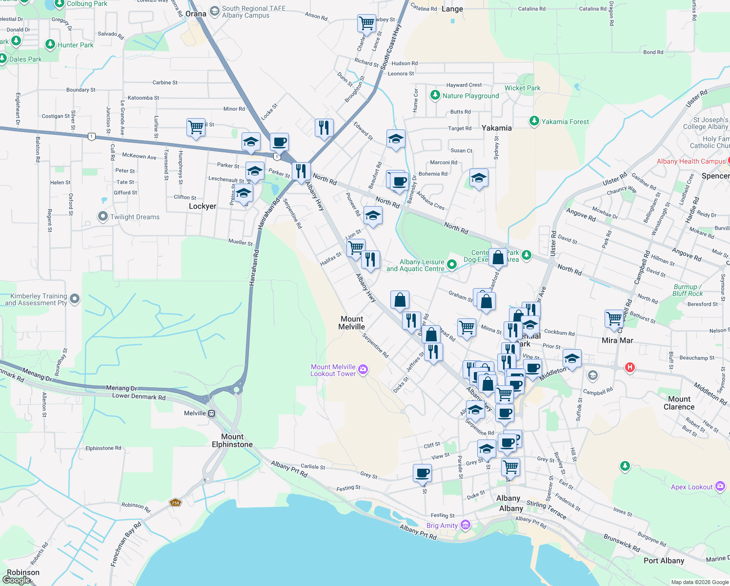 map of restaurants, bars, coffee shops, grocery stores, and more near 231 Albany Highway in Mount Melville