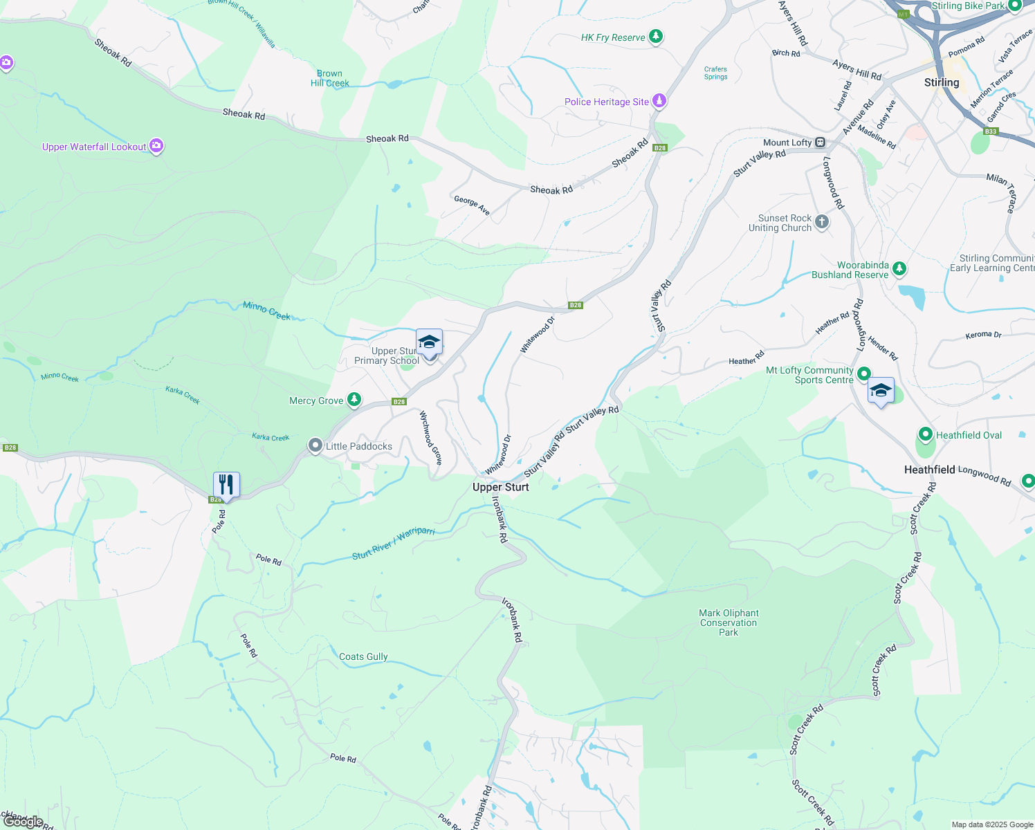 map of restaurants, bars, coffee shops, grocery stores, and more near 31 Whitewood Drive in Upper Sturt