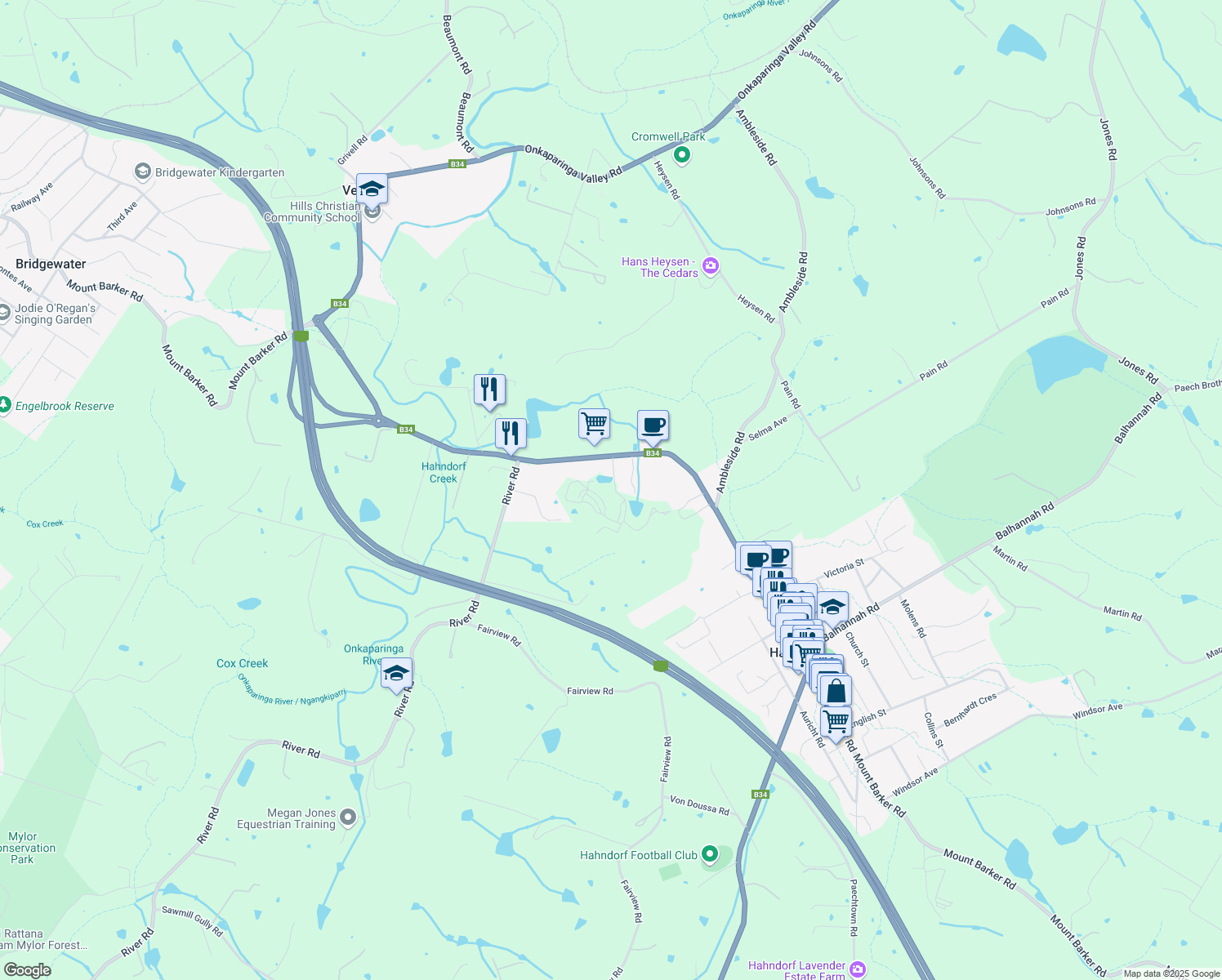 map of restaurants, bars, coffee shops, grocery stores, and more near 145A Mount Barker Road in Hahndorf