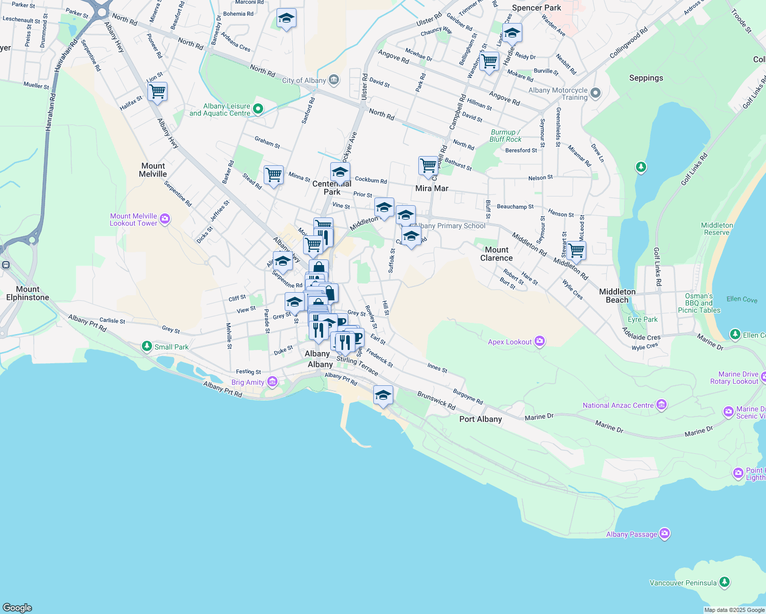map of restaurants, bars, coffee shops, grocery stores, and more near 47 Hill Street in Albany