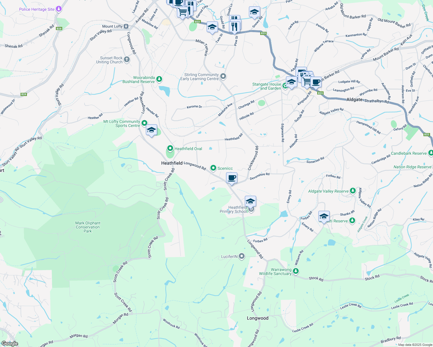 map of restaurants, bars, coffee shops, grocery stores, and more near 169 Longwood Road in Heathfield