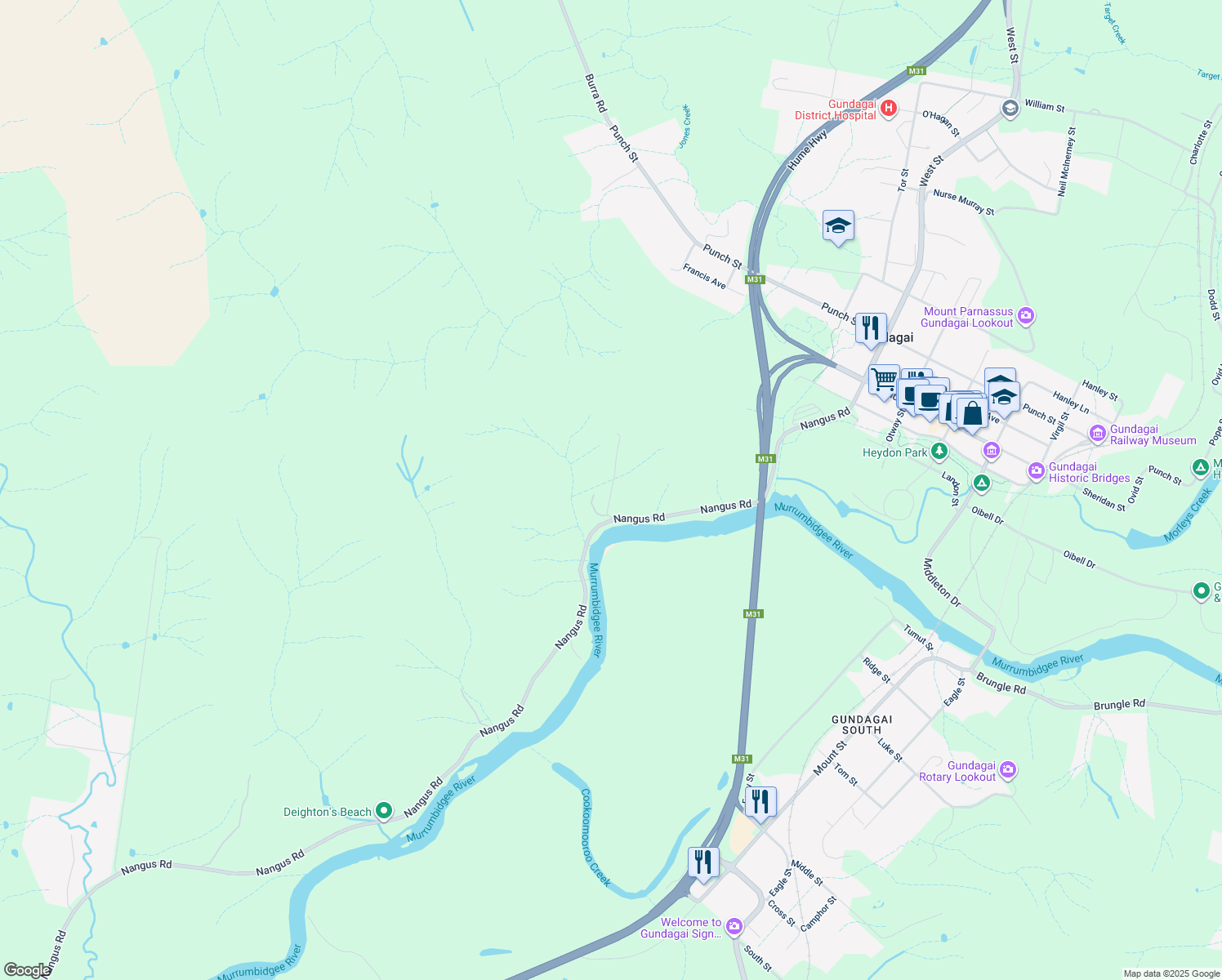 map of restaurants, bars, coffee shops, grocery stores, and more near Kimo Road in Gundagai