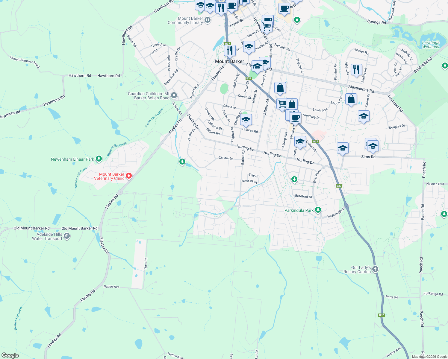 map of restaurants, bars, coffee shops, grocery stores, and more near 88 Bluestone Drive in Mount Barker