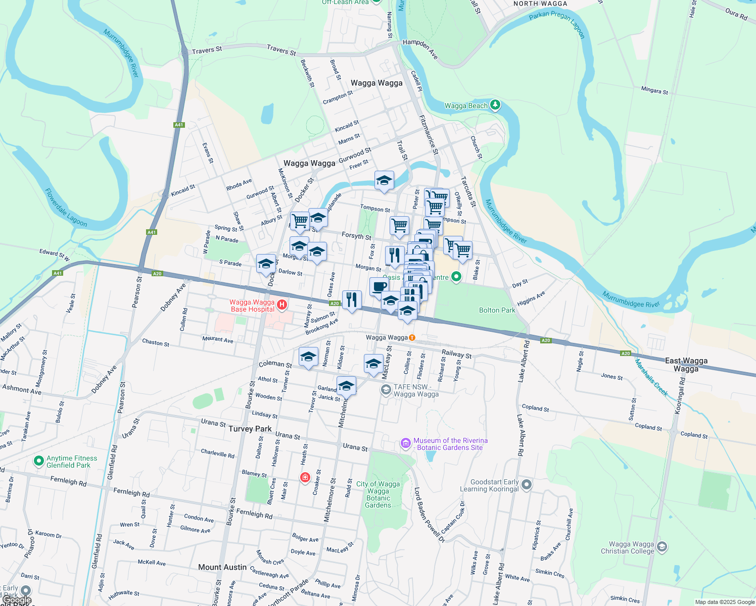 map of restaurants, bars, coffee shops, grocery stores, and more near 10 Best Street in Wagga Wagga