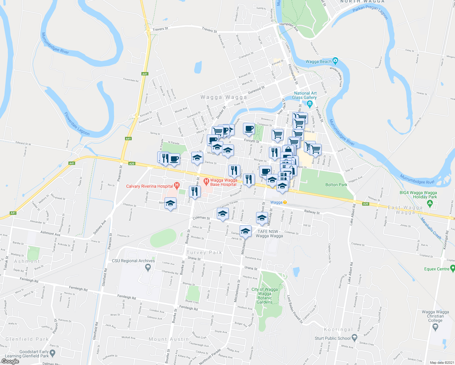map of restaurants, bars, coffee shops, grocery stores, and more near 226 Edward Street in Wagga Wagga