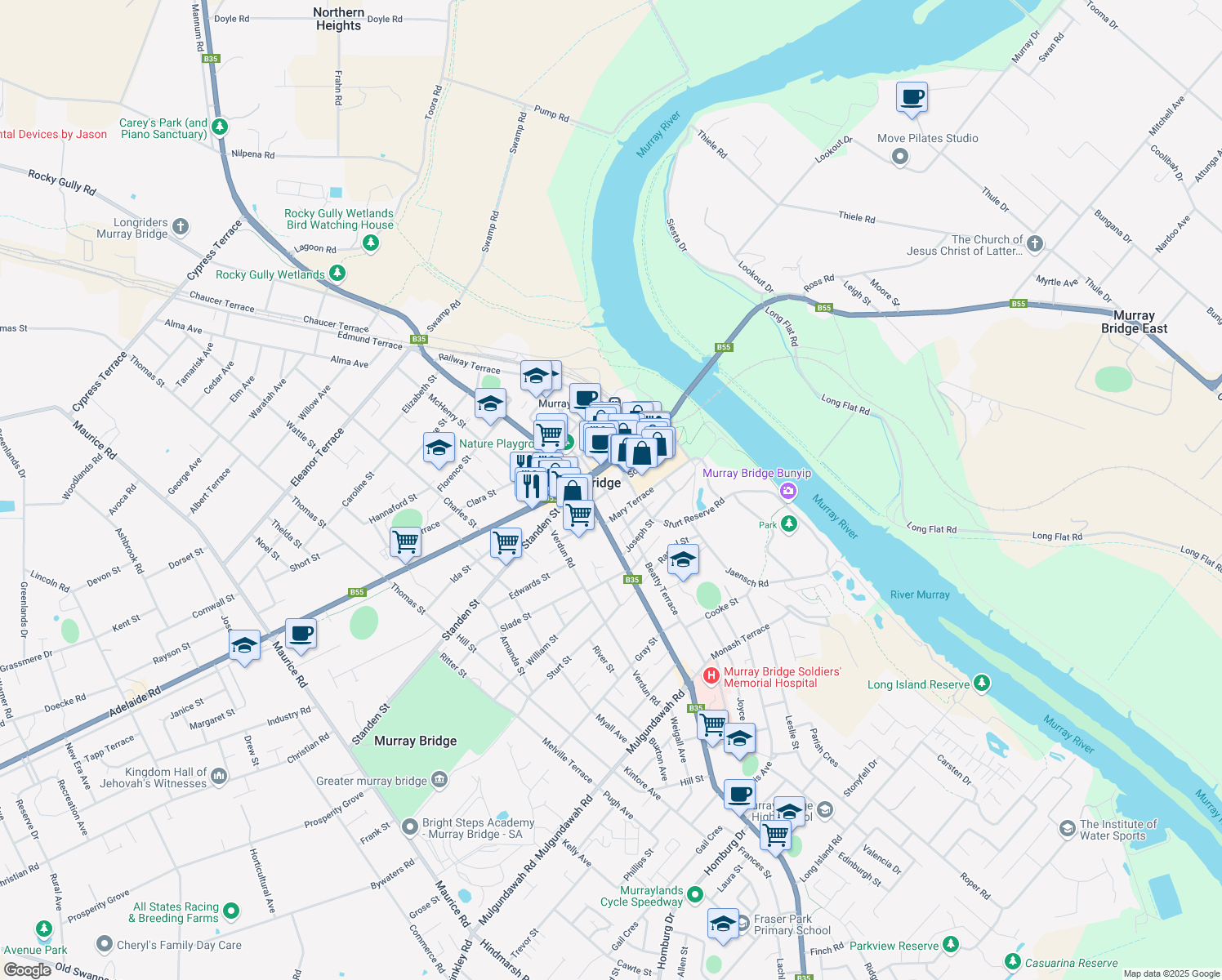 map of restaurants, bars, coffee shops, grocery stores, and more near LOT 3 South Terrace in Murray Bridge