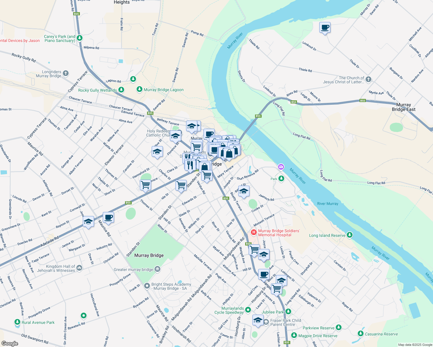 map of restaurants, bars, coffee shops, grocery stores, and more near LOT 3 South Terrace in Murray Bridge