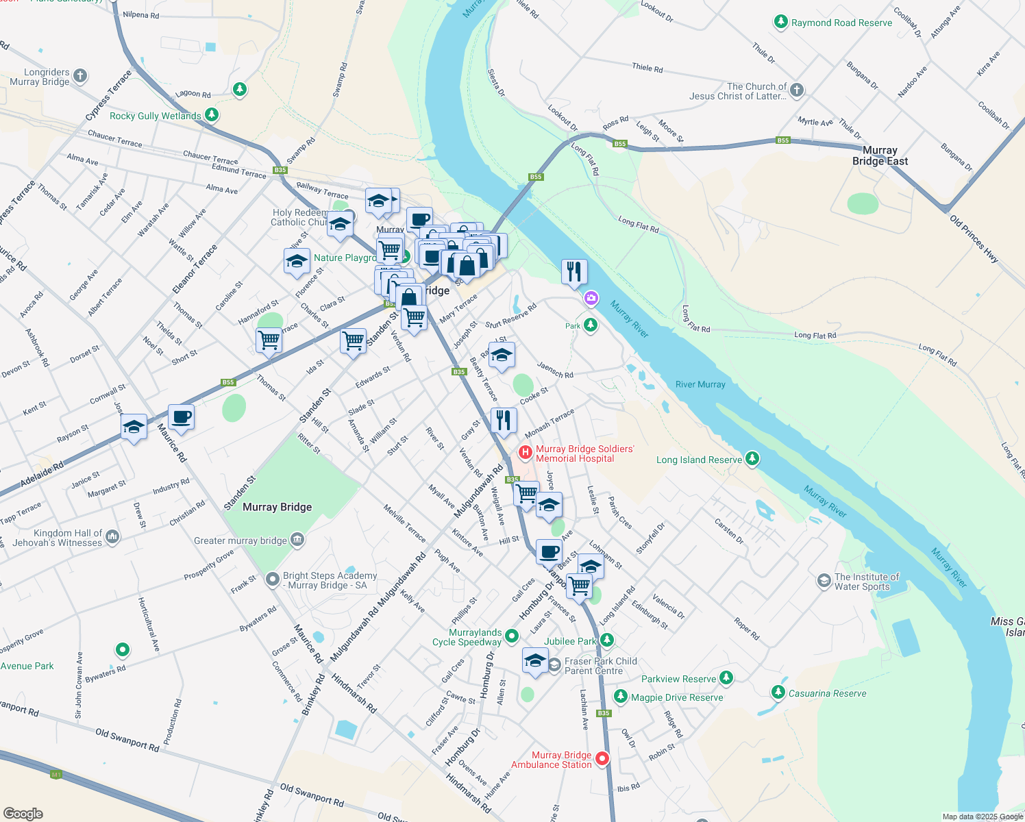 map of restaurants, bars, coffee shops, grocery stores, and more near 1A Cooke Street in Murray Bridge