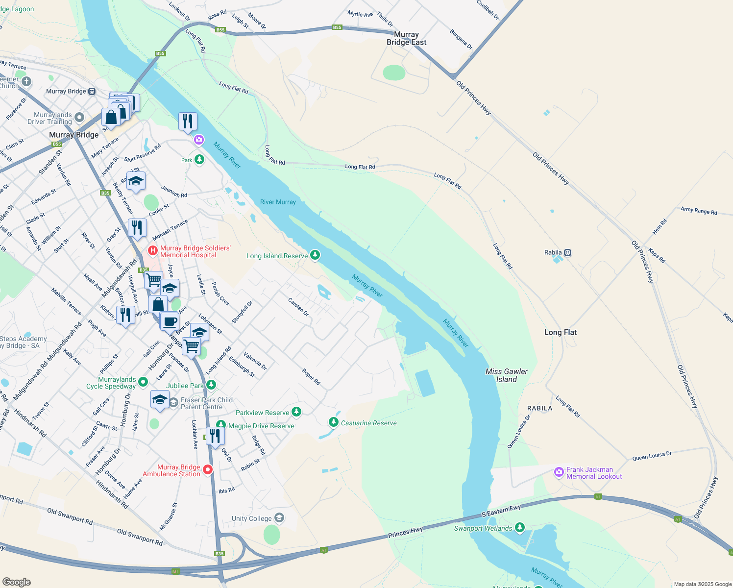 map of restaurants, bars, coffee shops, grocery stores, and more near 93 Wells Way in Murray Bridge
