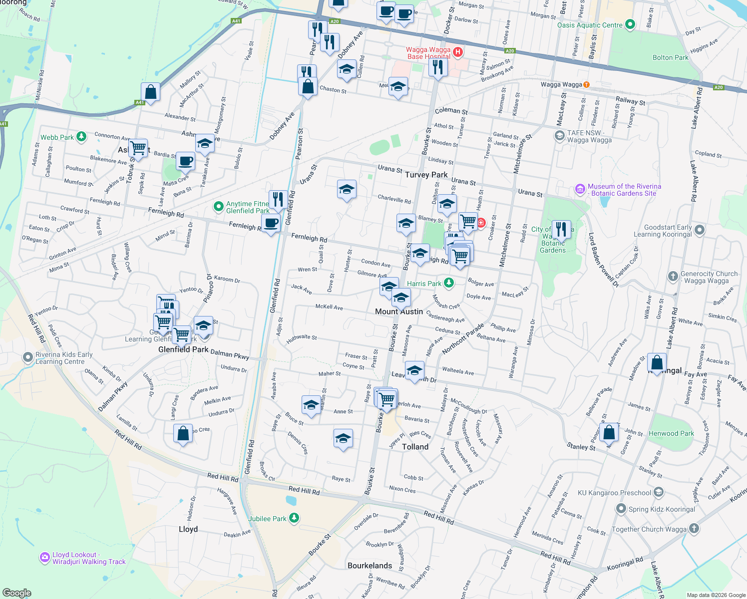 map of restaurants, bars, coffee shops, grocery stores, and more near 7 Victoria Street in Mount Austin