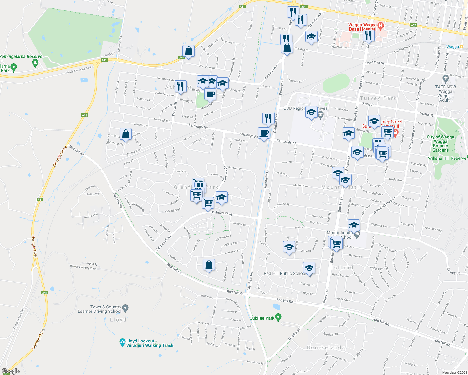 map of restaurants, bars, coffee shops, grocery stores, and more near 7 Gunyah Place in Glenfield Park