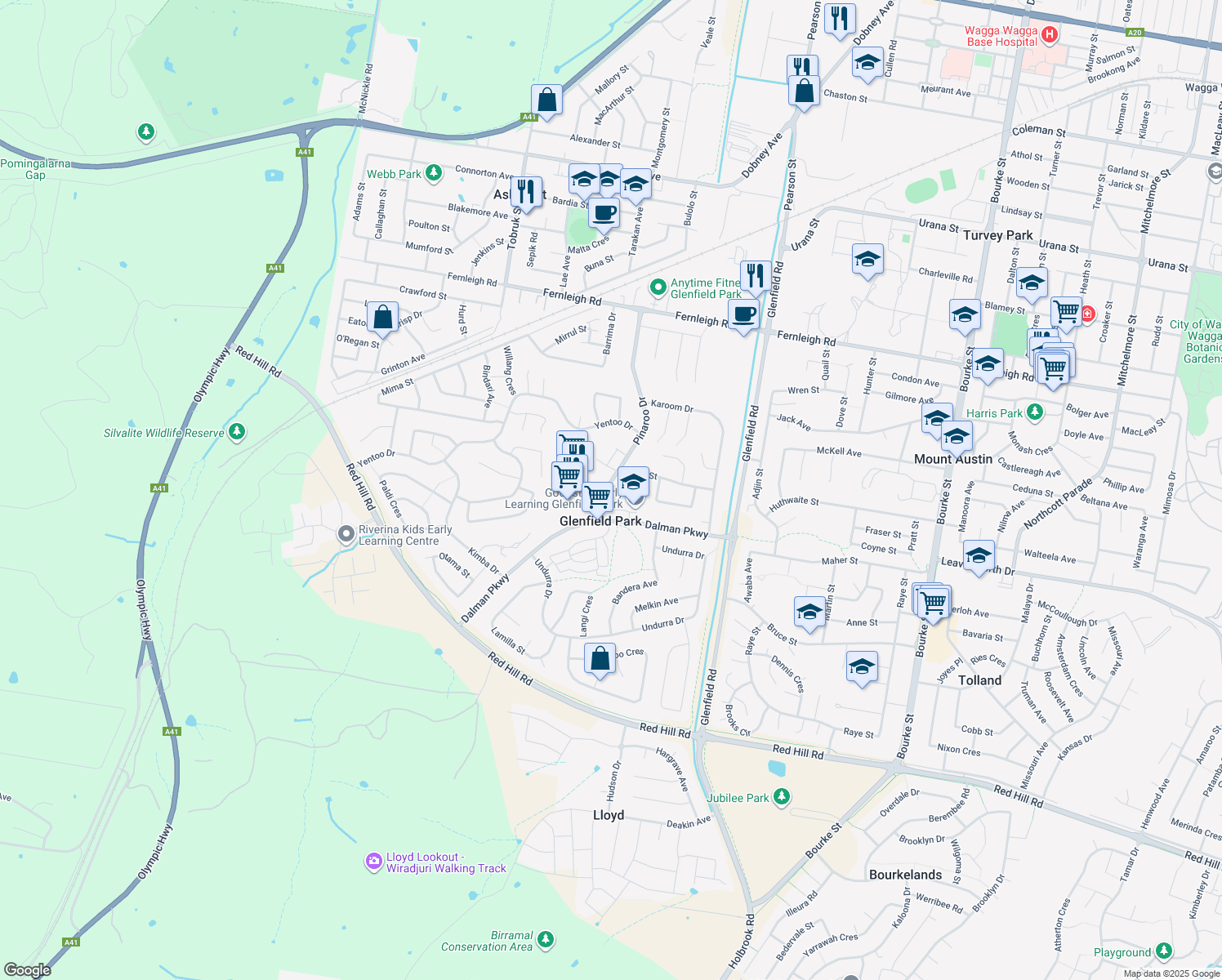 map of restaurants, bars, coffee shops, grocery stores, and more near 16 Yungana Place in Glenfield Park