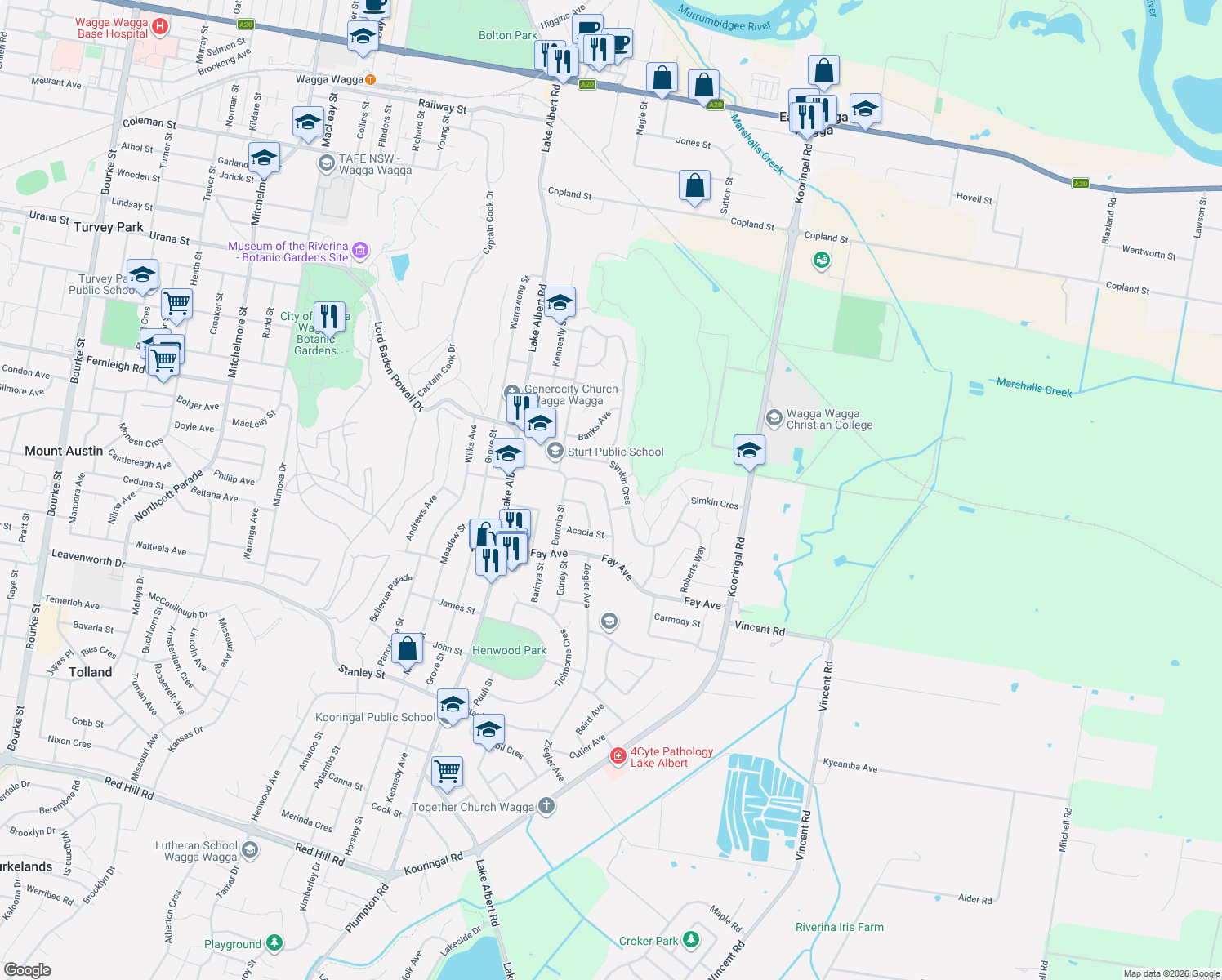 map of restaurants, bars, coffee shops, grocery stores, and more near 32 White Avenue in Kooringal