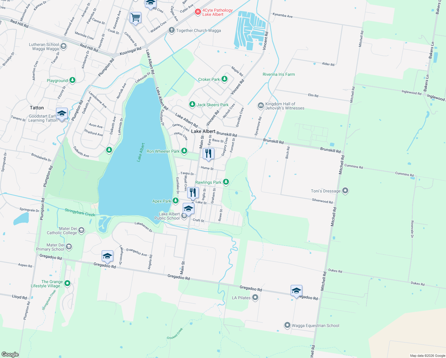 map of restaurants, bars, coffee shops, grocery stores, and more near 4 Post Place in Lake Albert