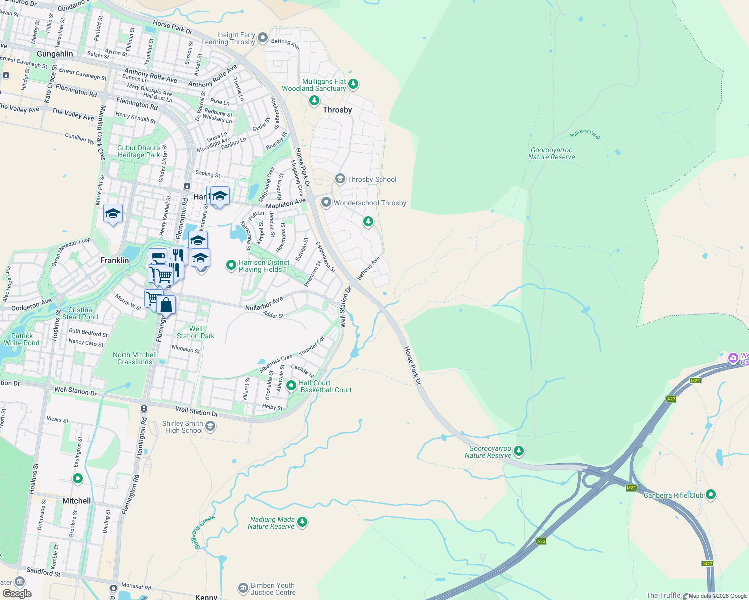 map of restaurants, bars, coffee shops, grocery stores, and more near Horse Park Drive in Gungahlin