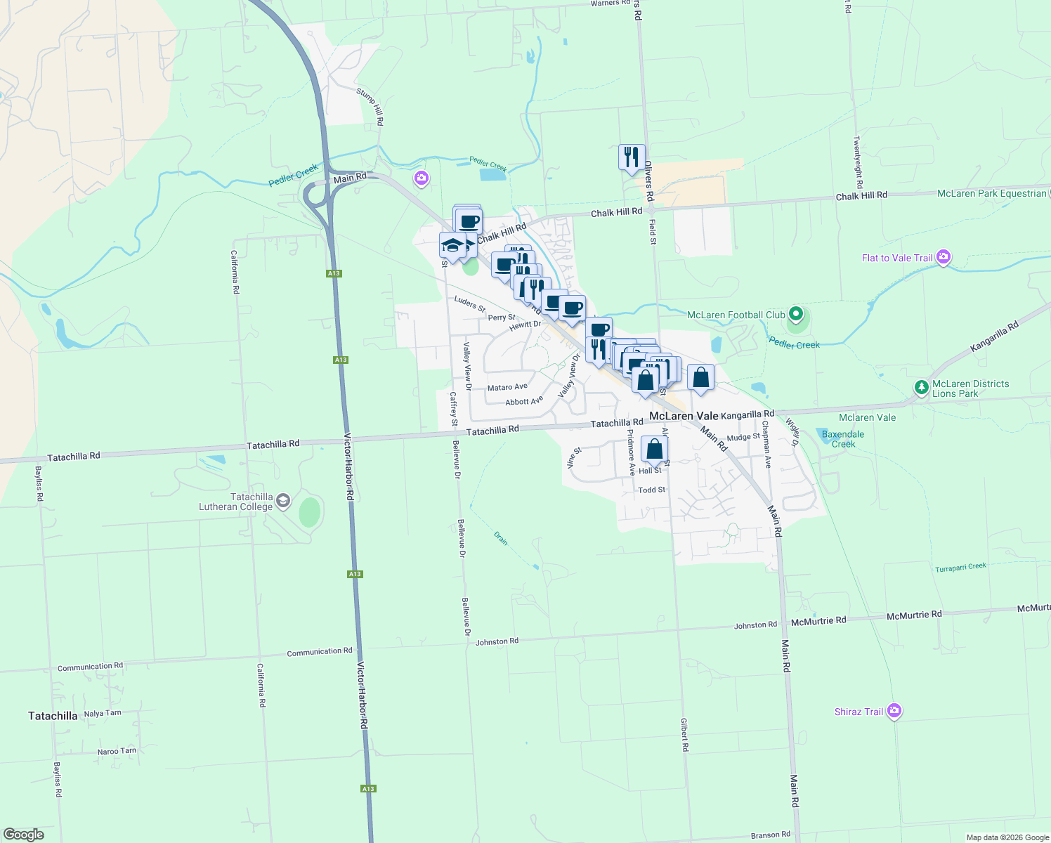 map of restaurants, bars, coffee shops, grocery stores, and more near 66 Valley View Drive in McLaren Vale