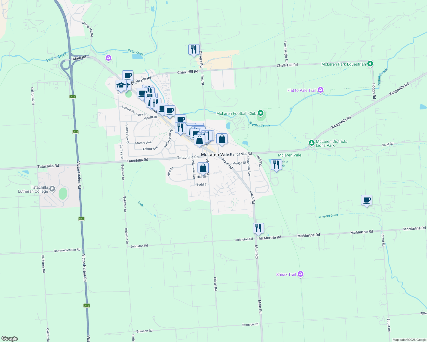 map of restaurants, bars, coffee shops, grocery stores, and more near 7 Aldersey Street in McLaren Vale