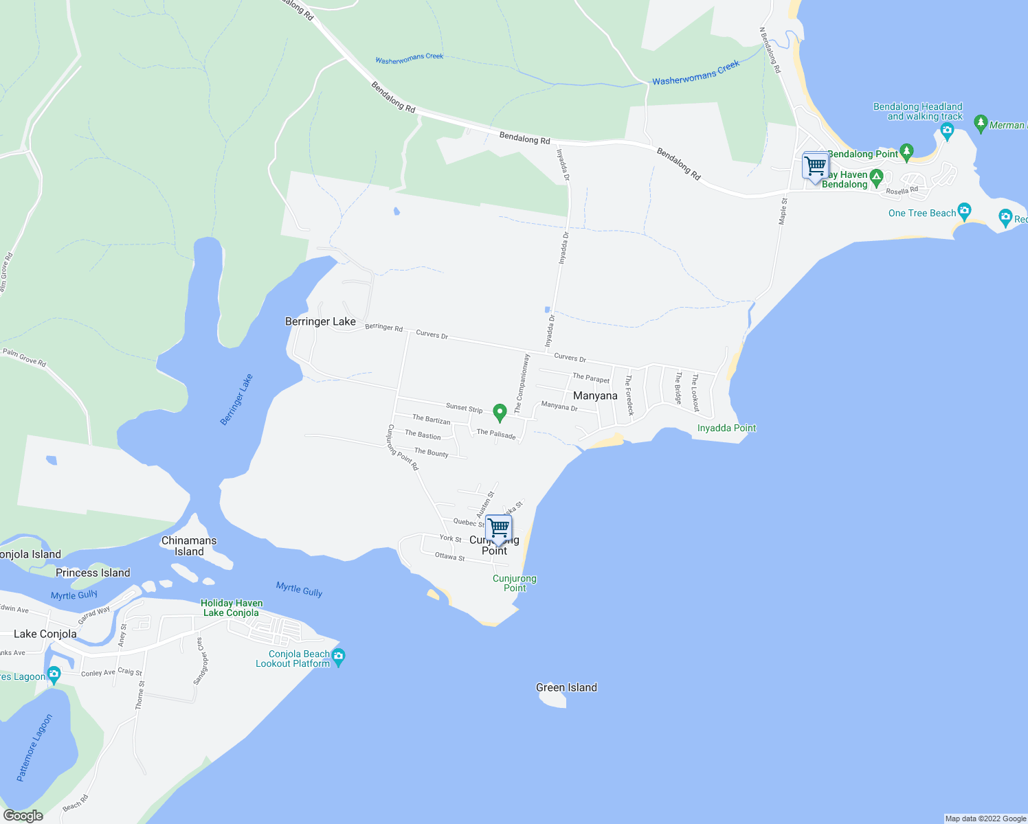 map of restaurants, bars, coffee shops, grocery stores, and more near 114 Sunset Strip in Manyana