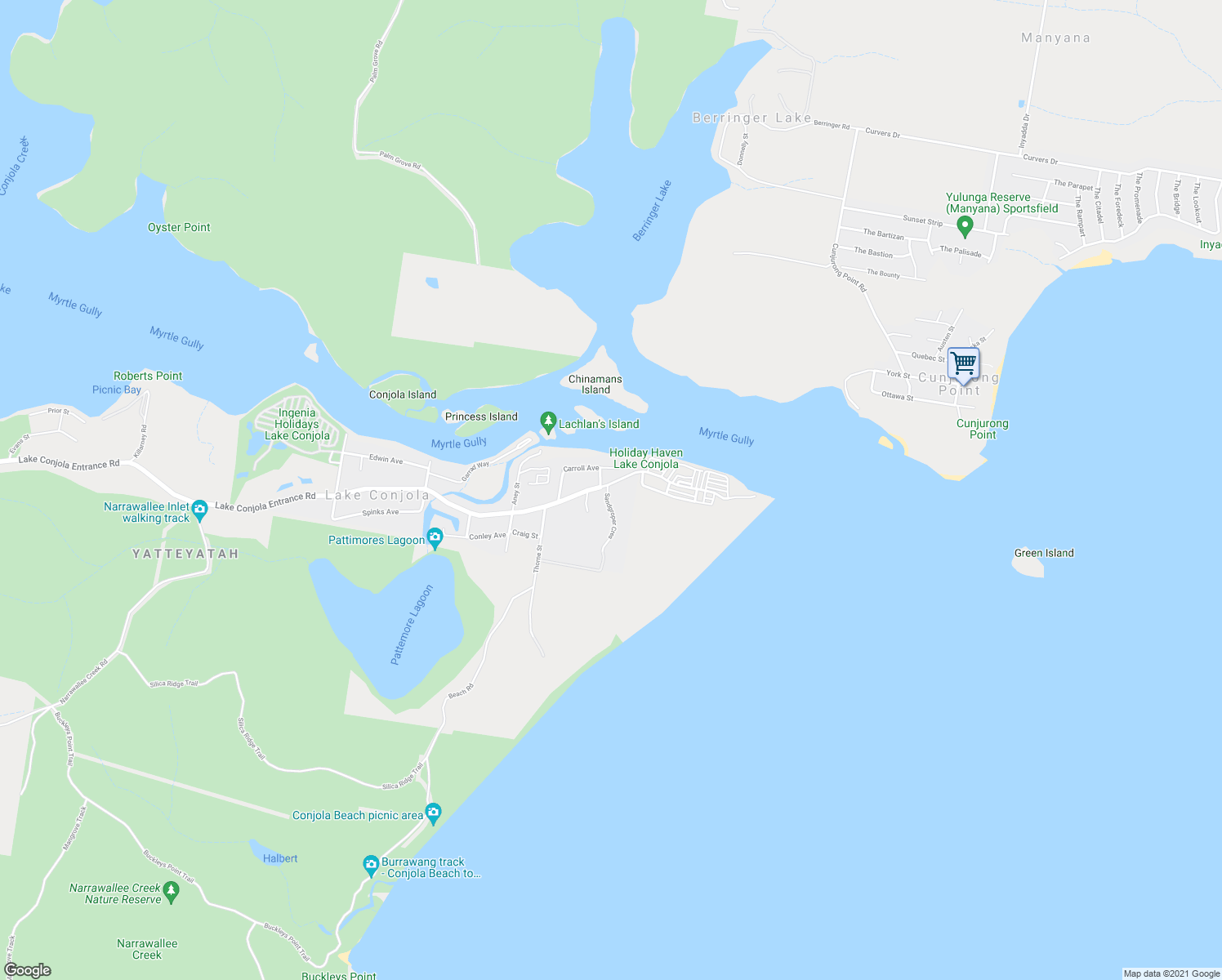 map of restaurants, bars, coffee shops, grocery stores, and more near 16 Lake Conjola Entrance Road in Lake Conjola