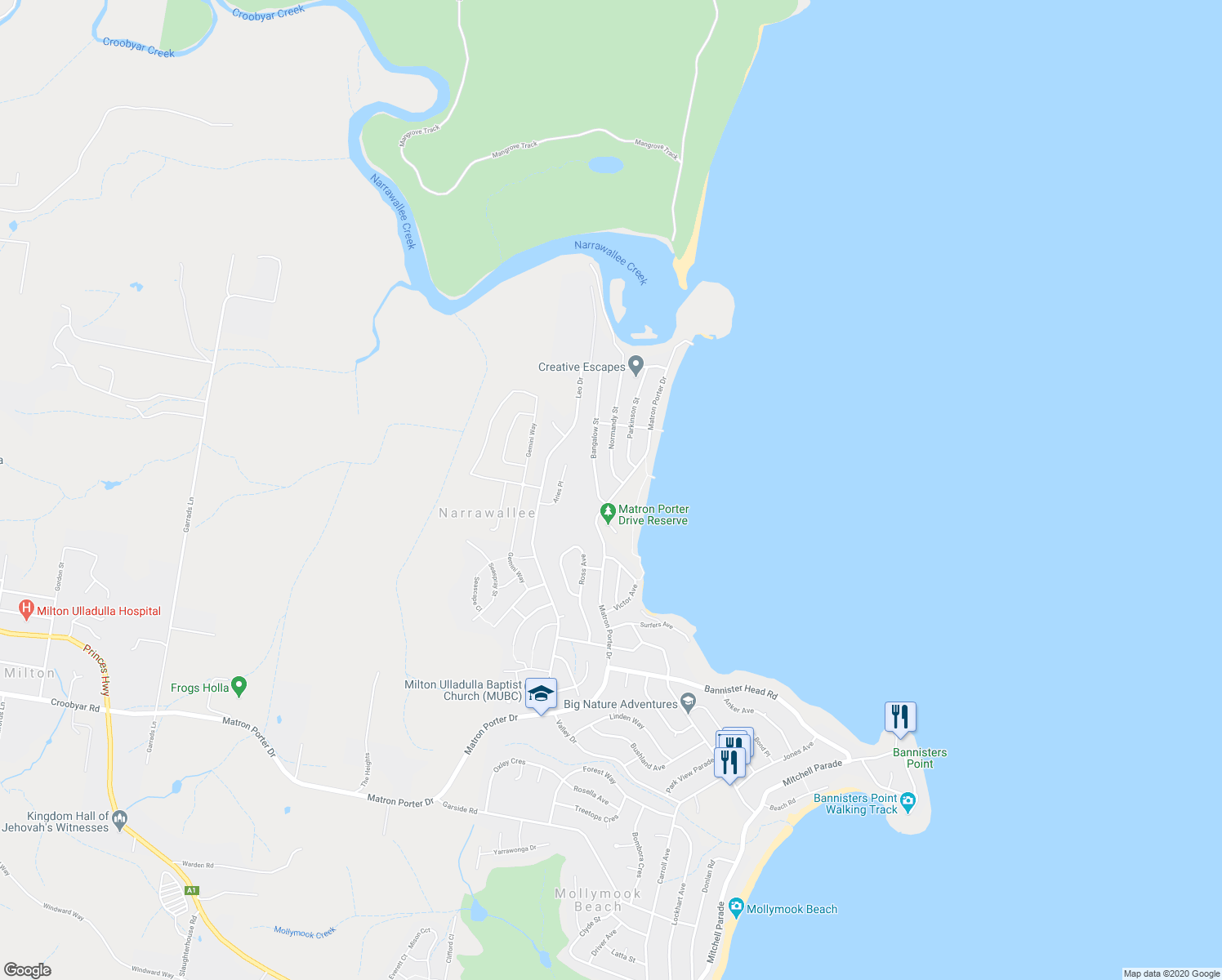 map of restaurants, bars, coffee shops, grocery stores, and more near 77 Matron Porter Drive in Narrawallee