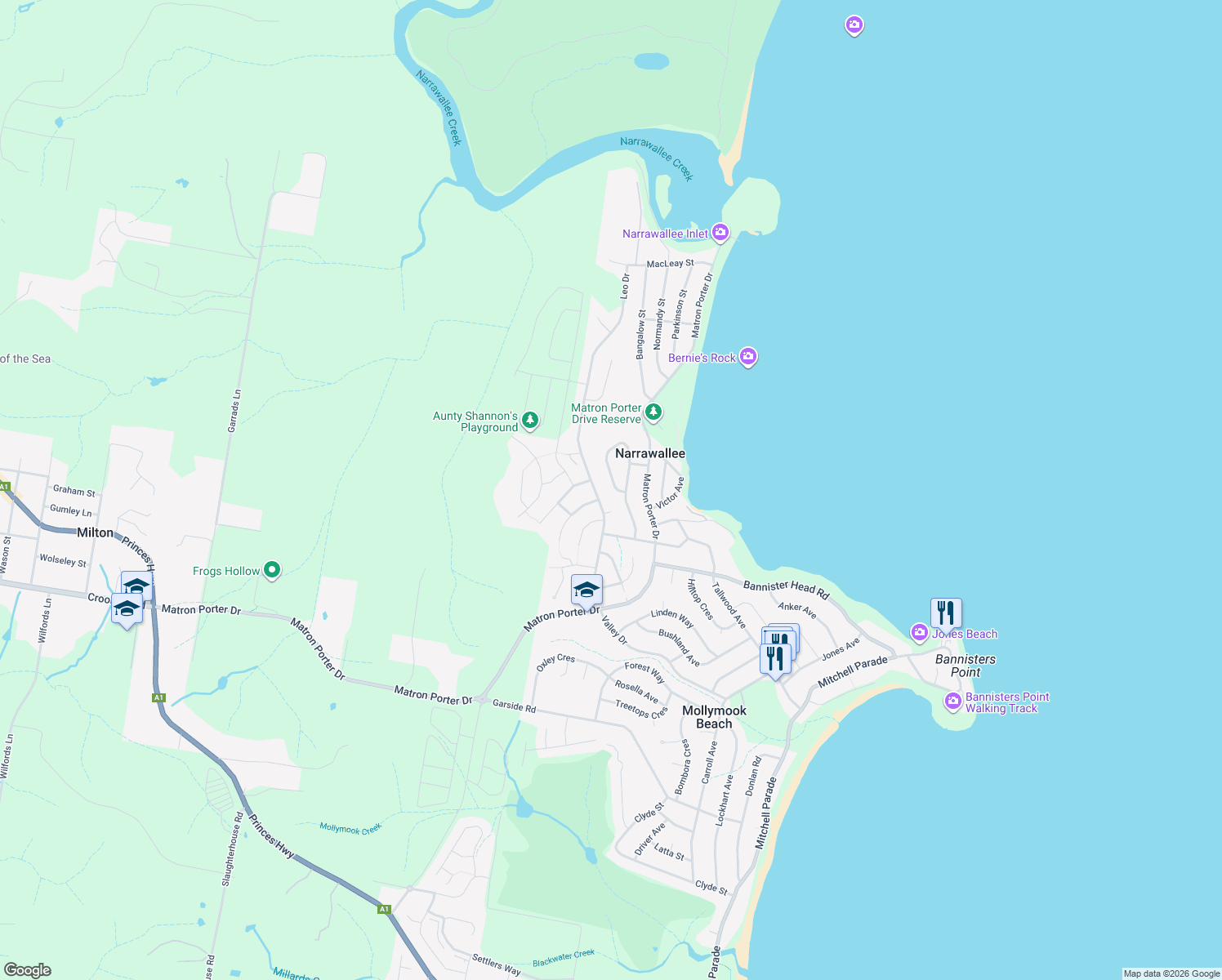 map of restaurants, bars, coffee shops, grocery stores, and more near 90 Ross Avenue in Narrawallee