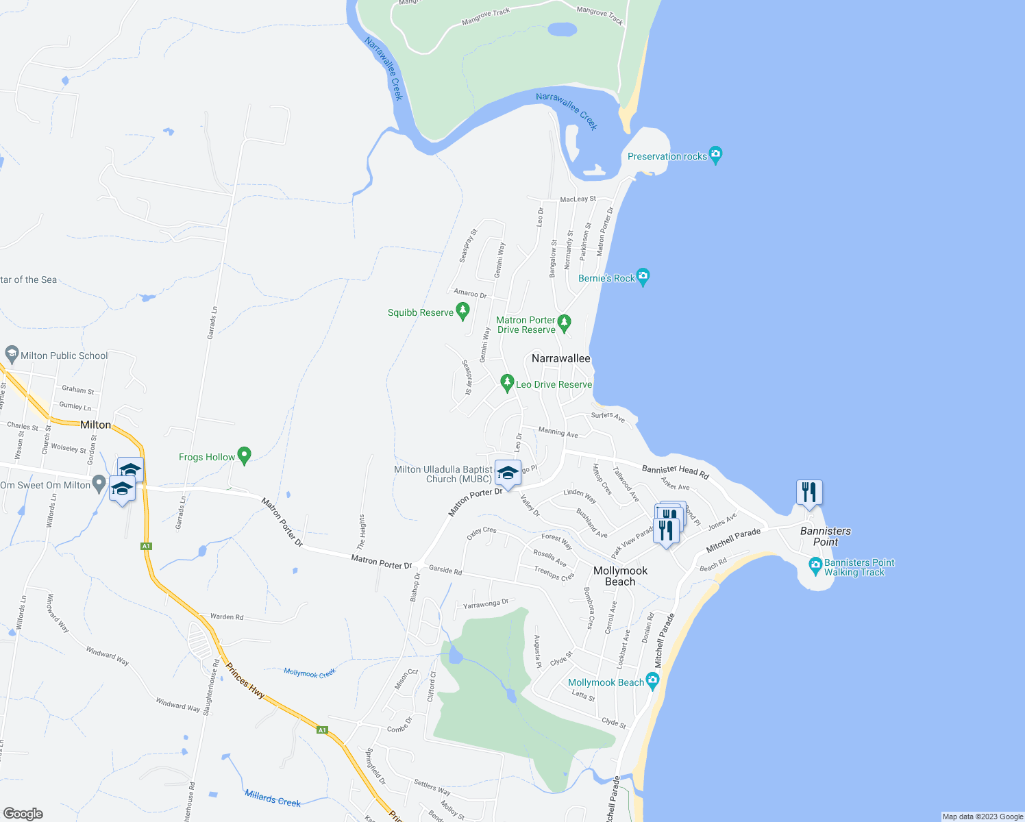 map of restaurants, bars, coffee shops, grocery stores, and more near 4 Capricorn Avenue in Narrawallee