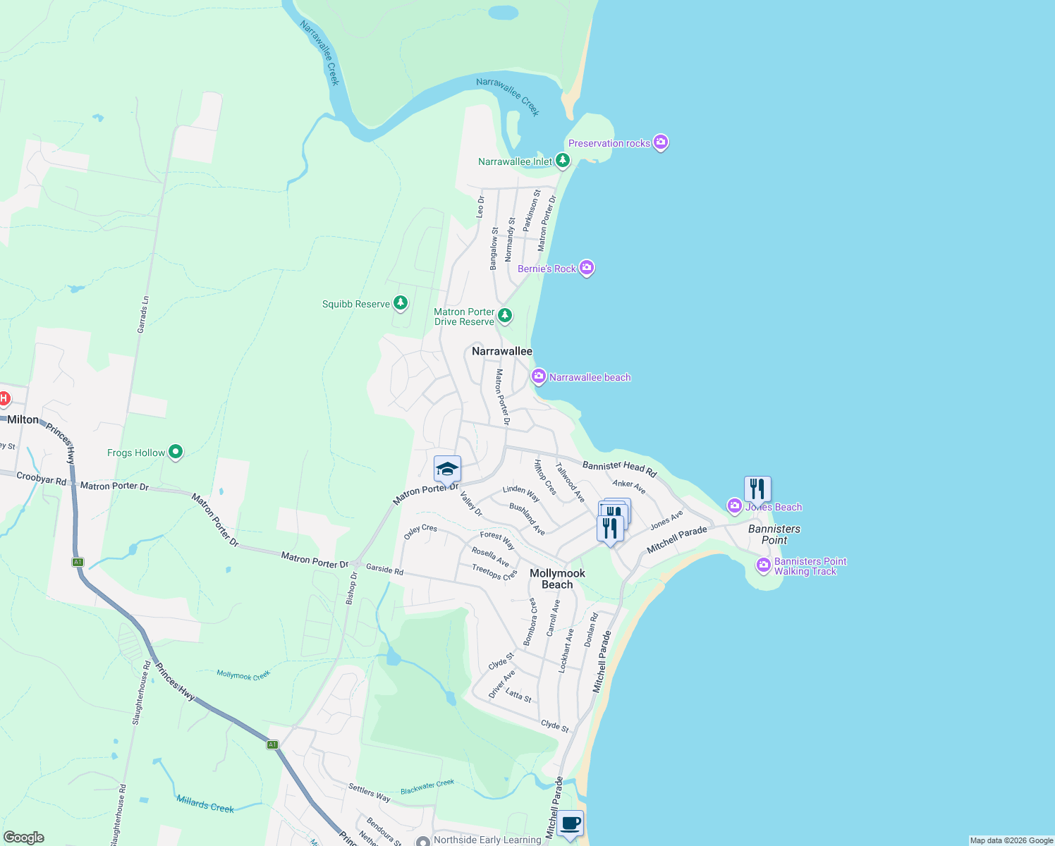 map of restaurants, bars, coffee shops, grocery stores, and more near 9 Tallwood Avenue in Narrawallee
