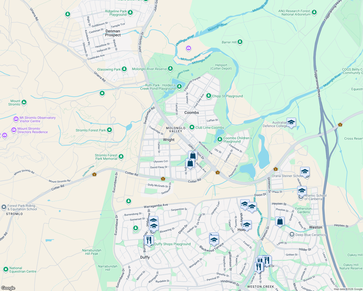 map of restaurants, bars, coffee shops, grocery stores, and more near 62 Max Jacobs Avenue in Weston Creek