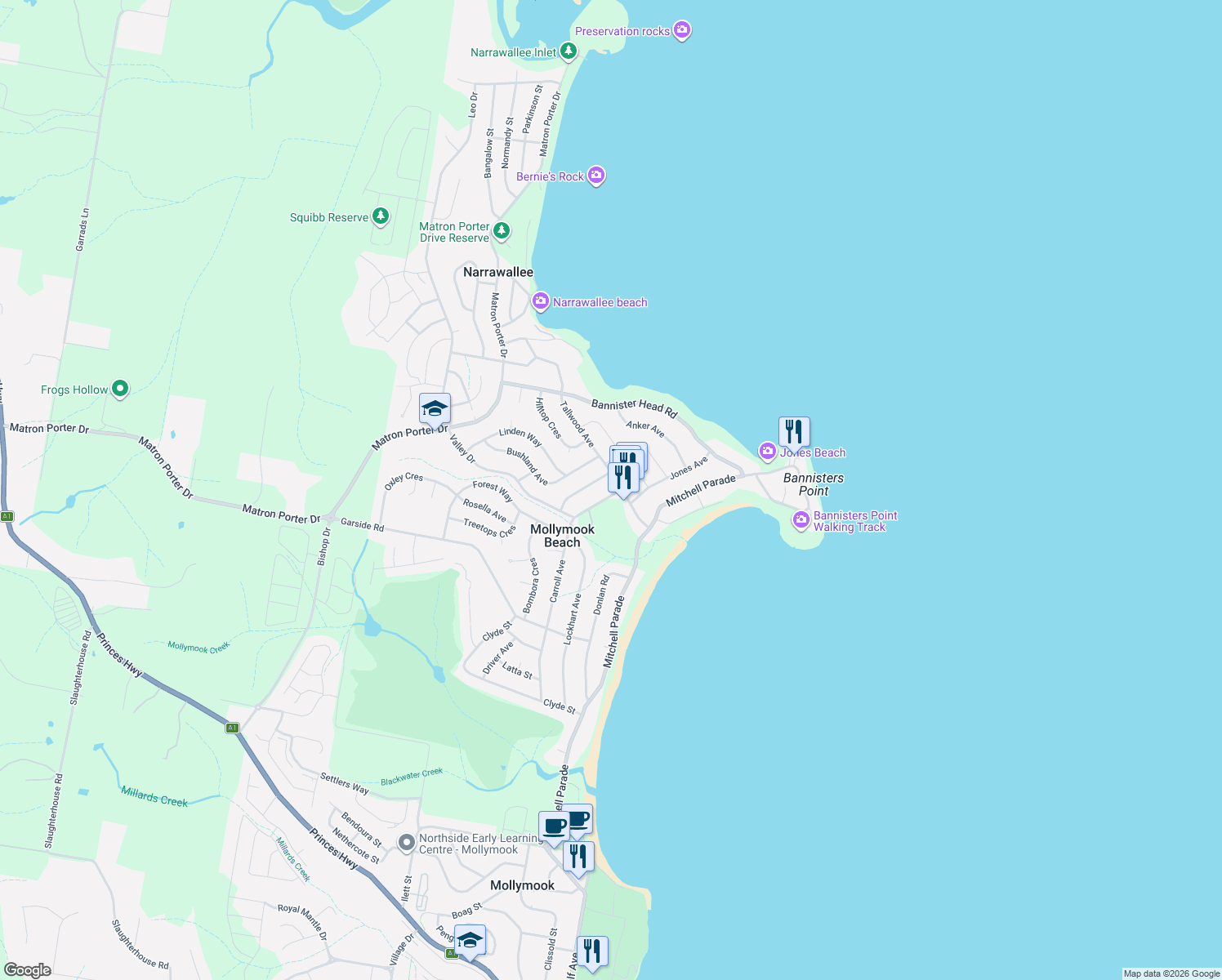 map of restaurants, bars, coffee shops, grocery stores, and more near 1 Carroll Avenue in Mollymook Beach