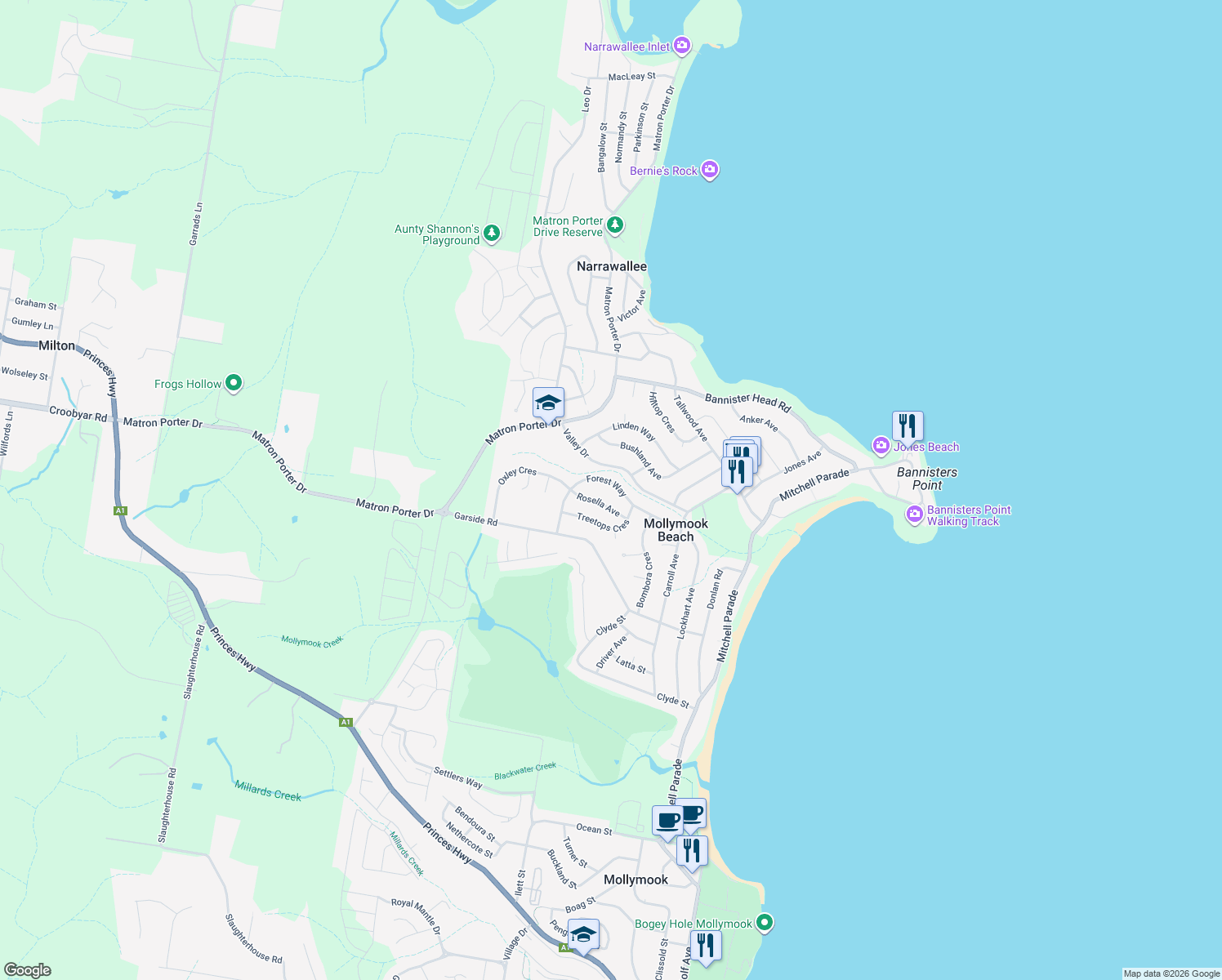 map of restaurants, bars, coffee shops, grocery stores, and more near 35 Forest Way in Mollymook Beach