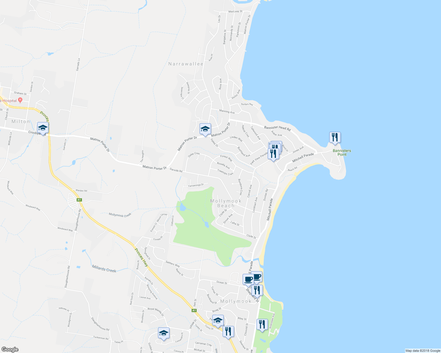map of restaurants, bars, coffee shops, grocery stores, and more near 78 Garside Road in Mollymook Beach