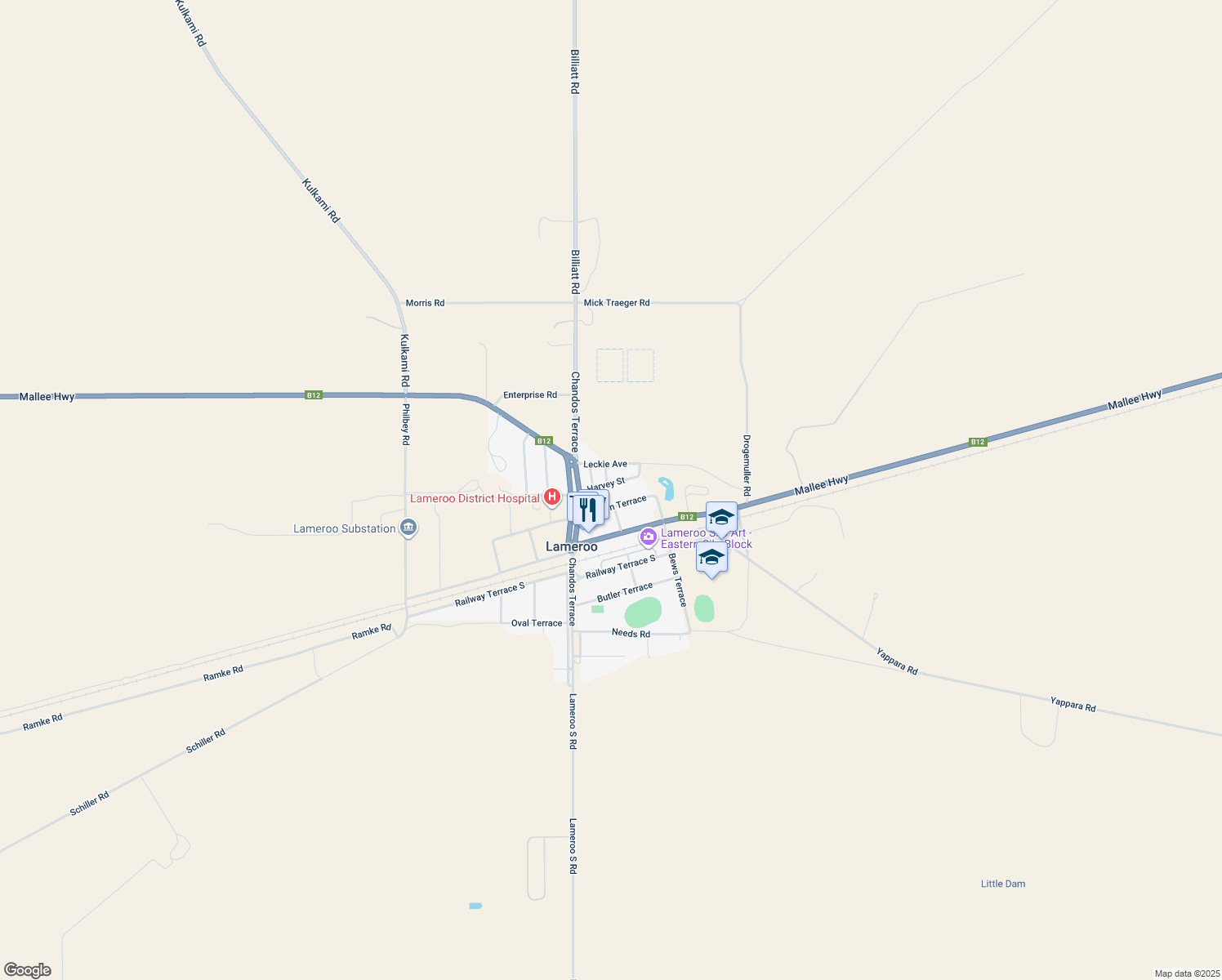 map of restaurants, bars, coffee shops, grocery stores, and more near 12 Harvey Street in Lameroo