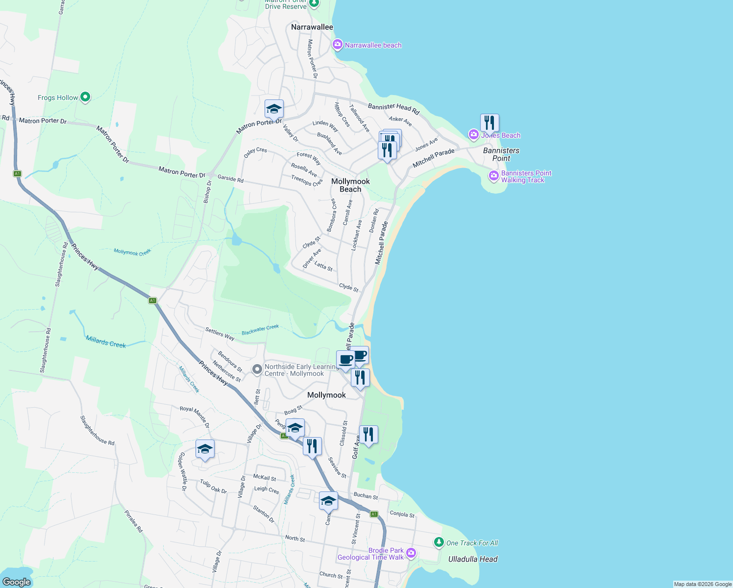 map of restaurants, bars, coffee shops, grocery stores, and more near 22 Mitchell Parade in Mollymook Beach