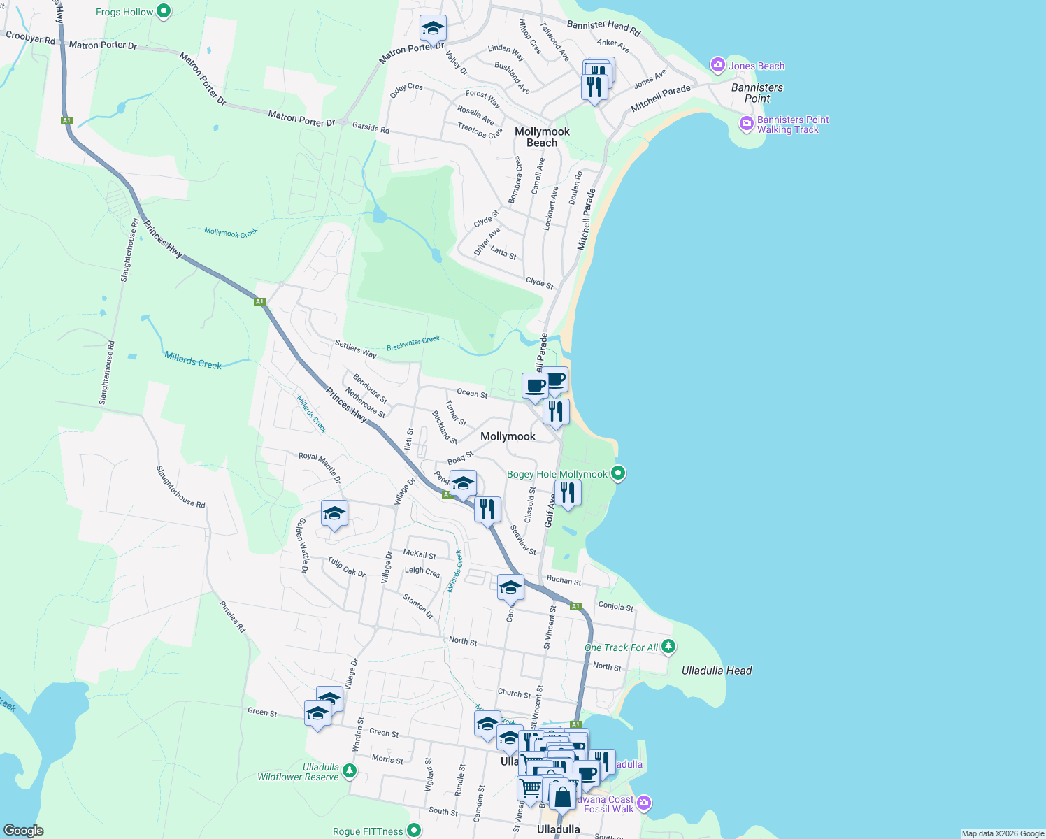 map of restaurants, bars, coffee shops, grocery stores, and more near 1 Ingold Avenue in Mollymook