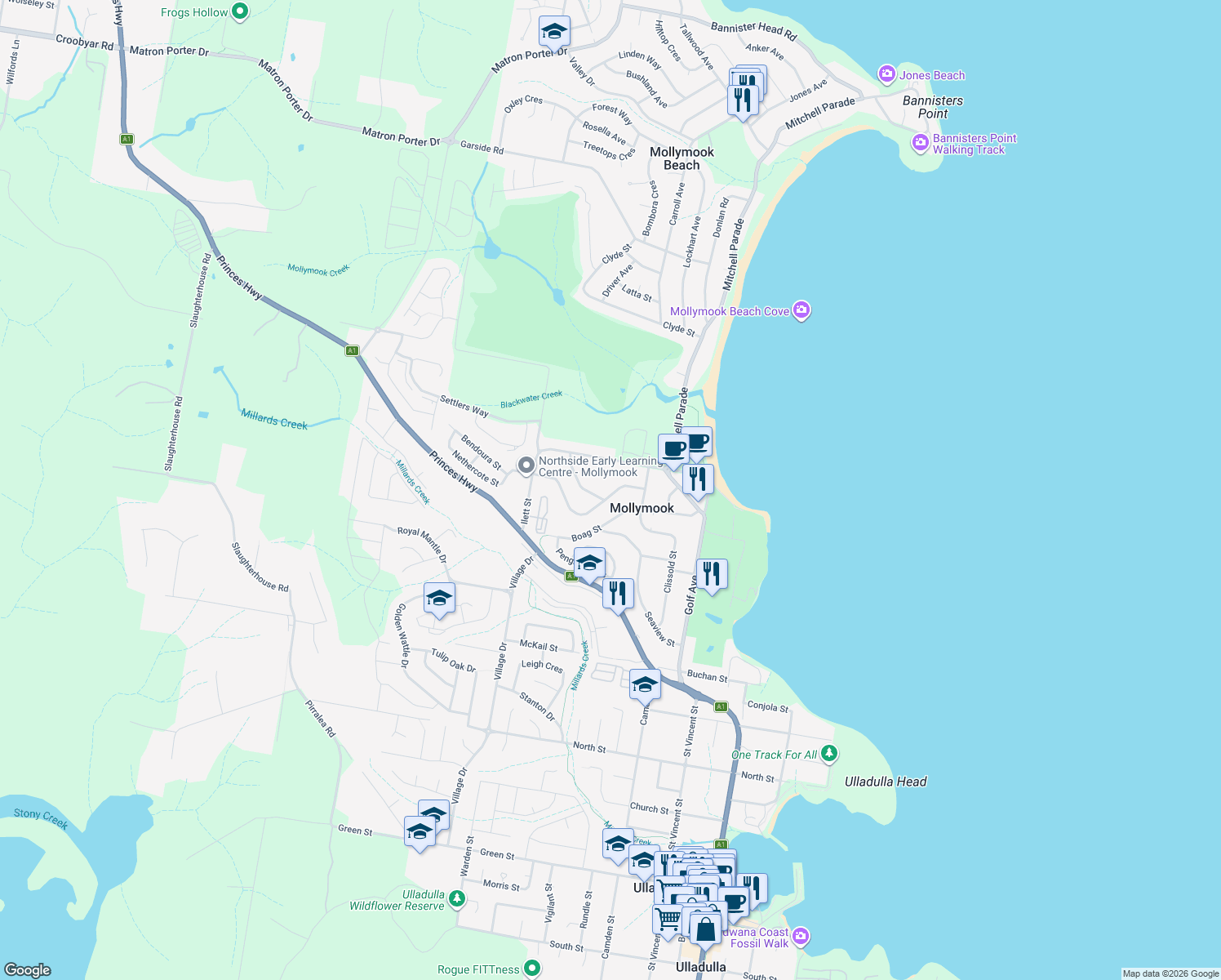 map of restaurants, bars, coffee shops, grocery stores, and more near 37 Buckland Street in Mollymook