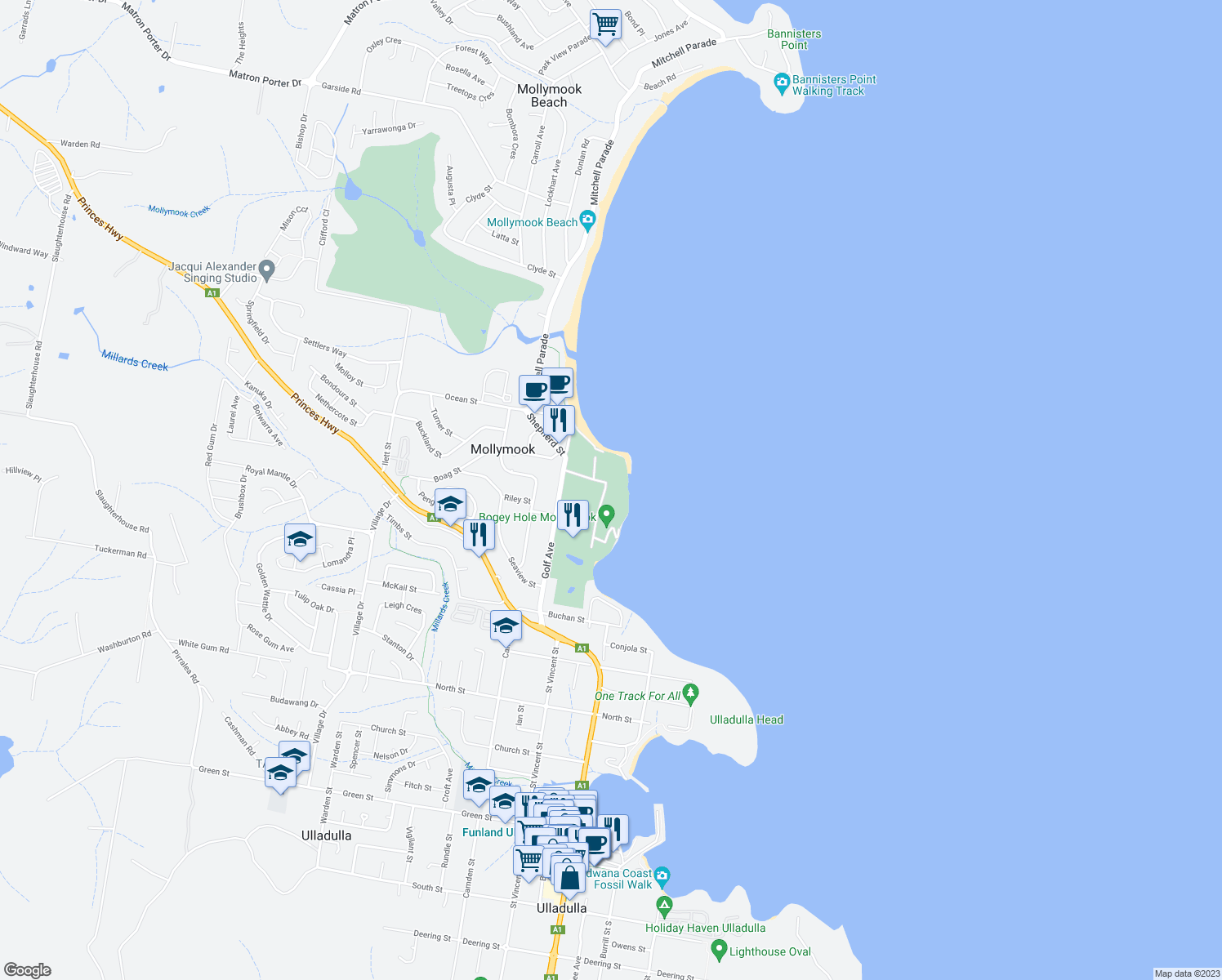 map of restaurants, bars, coffee shops, grocery stores, and more near 13 Riversdale Avenue in Mollymook