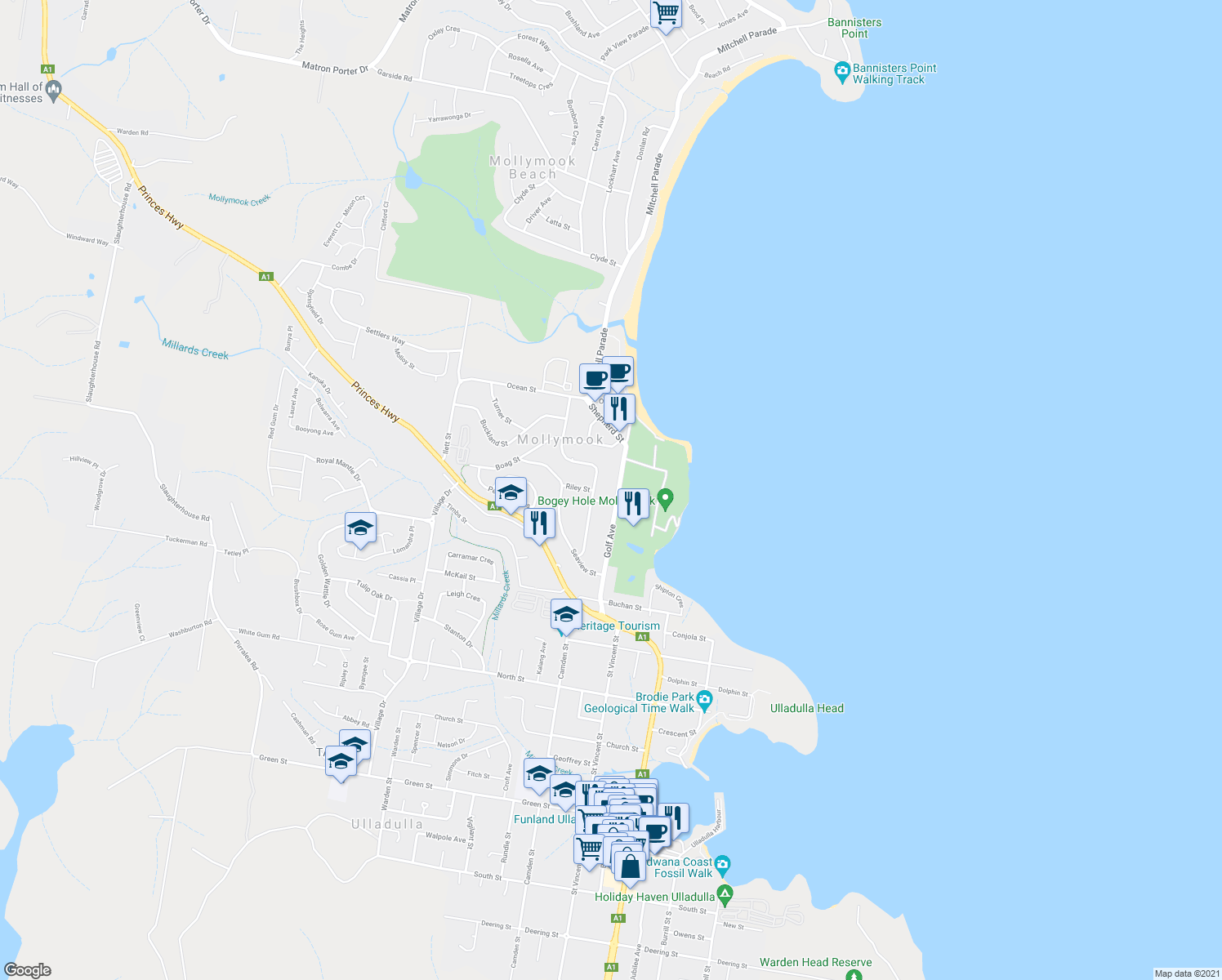 map of restaurants, bars, coffee shops, grocery stores, and more near 39 Golf Avenue in Mollymook