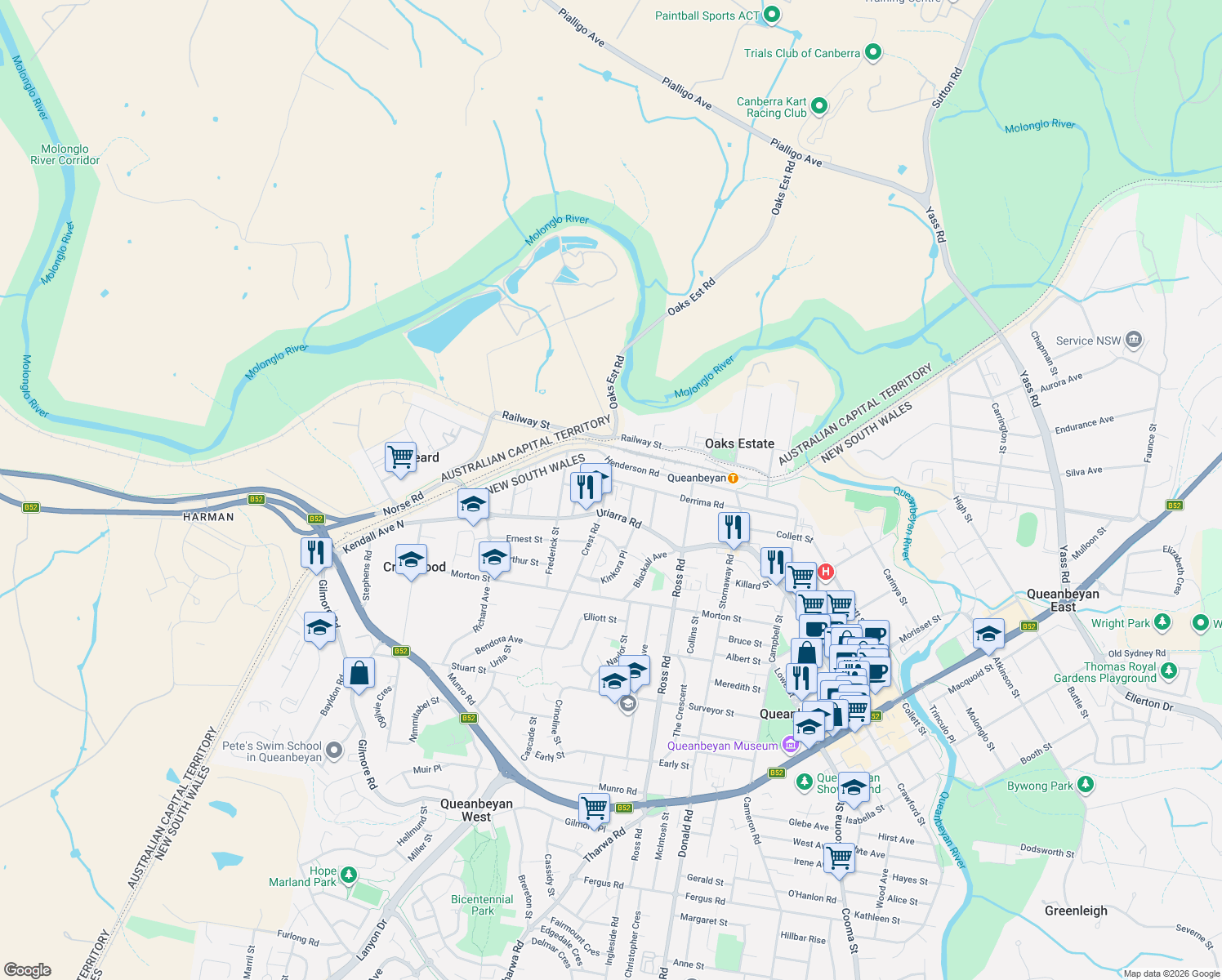 map of restaurants, bars, coffee shops, grocery stores, and more near 85 Derrima Road in Crestwood