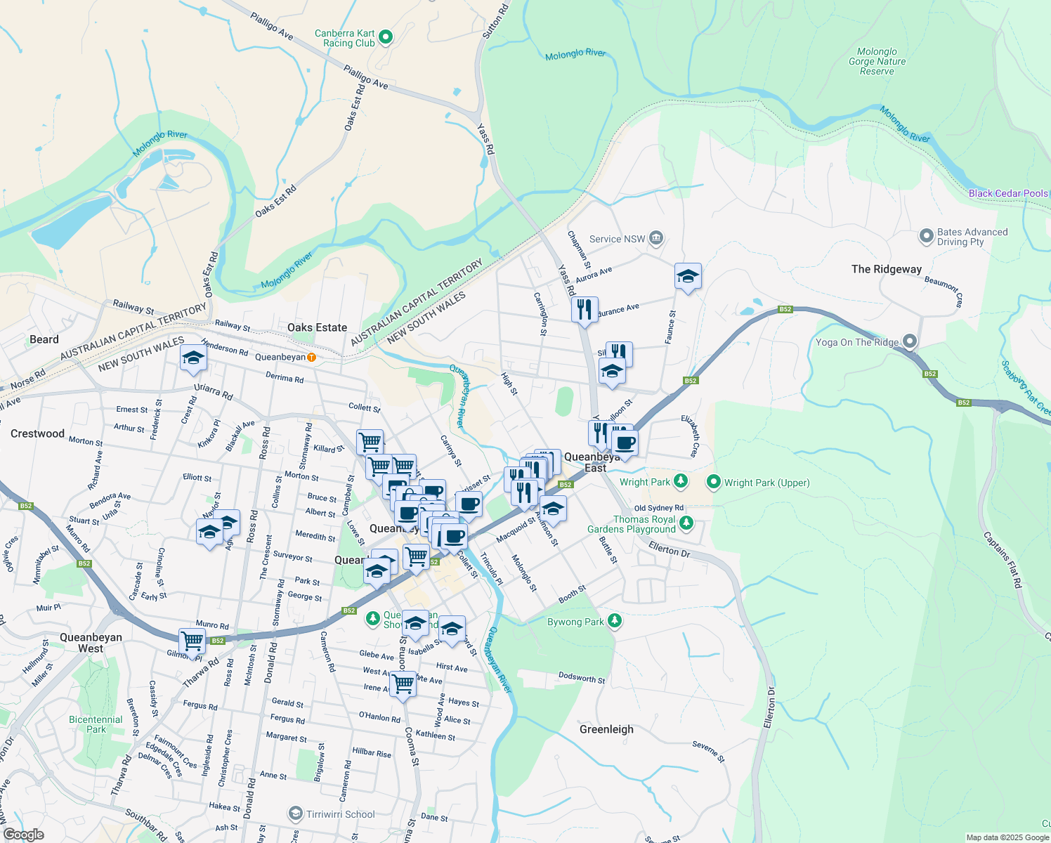 map of restaurants, bars, coffee shops, grocery stores, and more near 39 High Street in Queanbeyan East