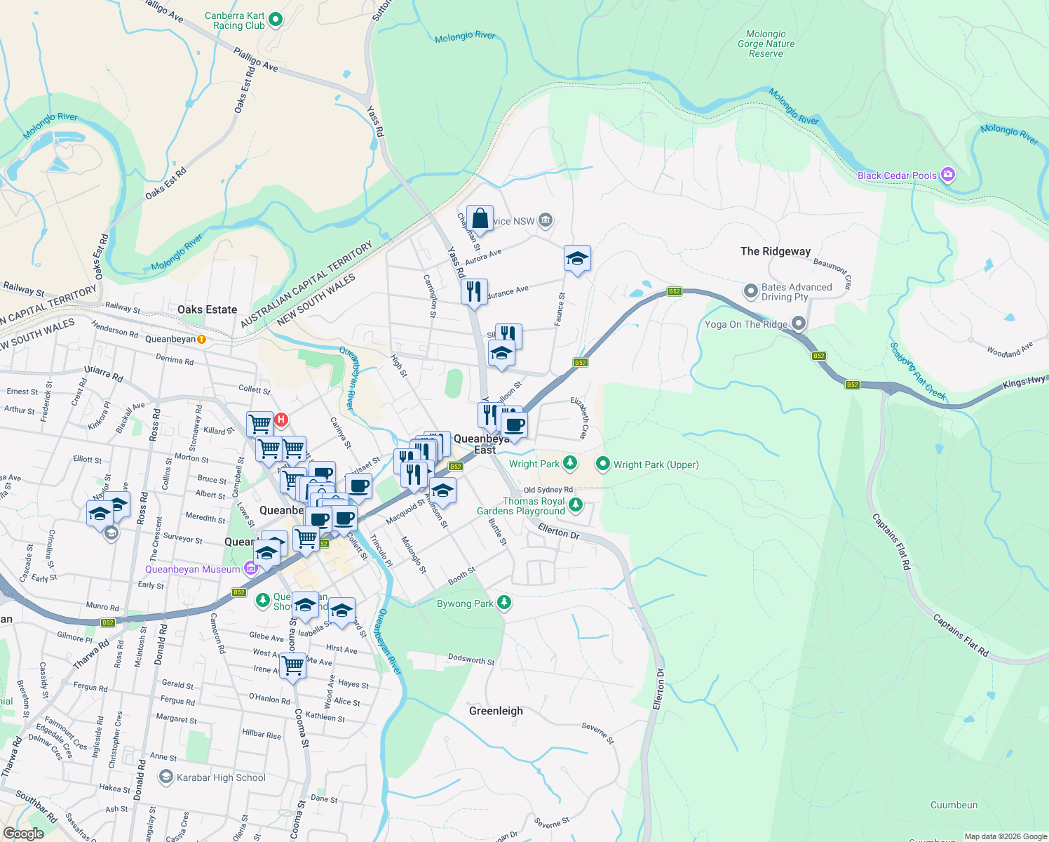 map of restaurants, bars, coffee shops, grocery stores, and more near 22 Bungendore Road in Queanbeyan East