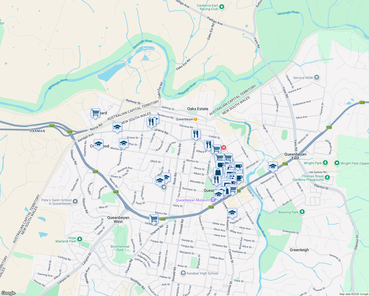 map of restaurants, bars, coffee shops, grocery stores, and more near 1 Velacia Place in Queanbeyan