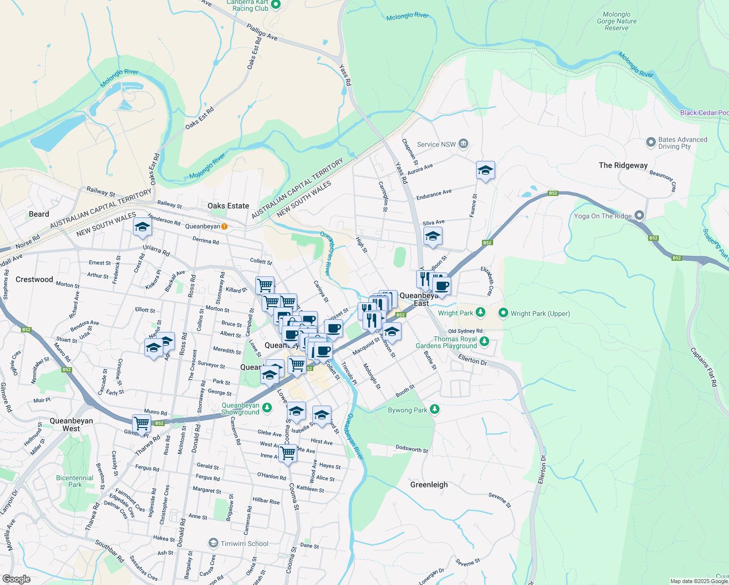 map of restaurants, bars, coffee shops, grocery stores, and more near in Queanbeyan East