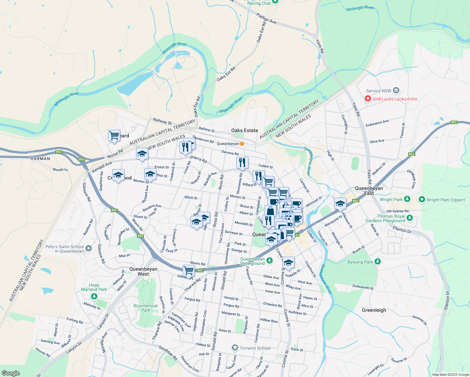 map of restaurants, bars, coffee shops, grocery stores, and more near 21 Stornaway Road in Queanbeyan