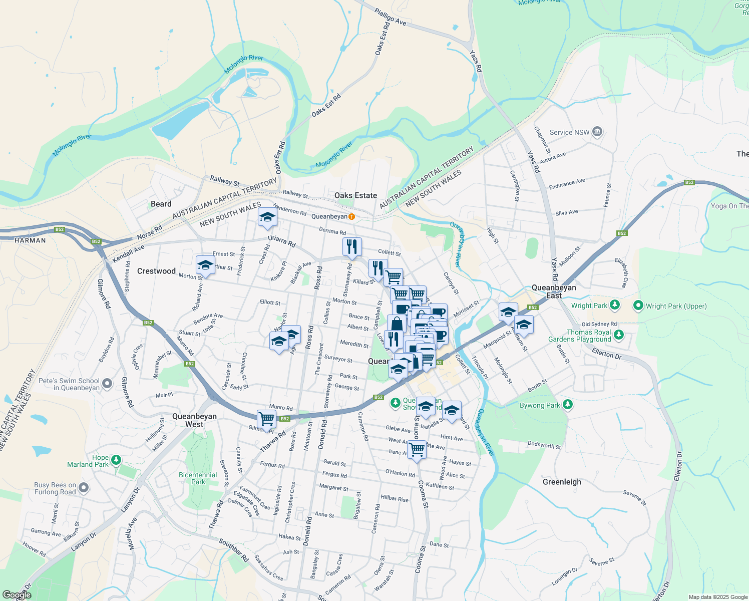 map of restaurants, bars, coffee shops, grocery stores, and more near 17 Campbell Street in Queanbeyan